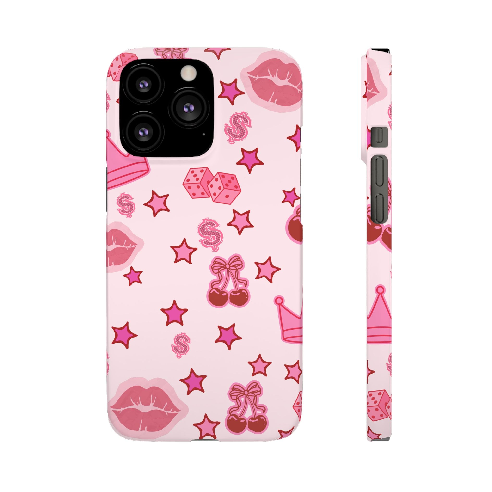 Pink Kawaii Icons Phone Case — Lip, Crown & Cherry Pattern Snap Case