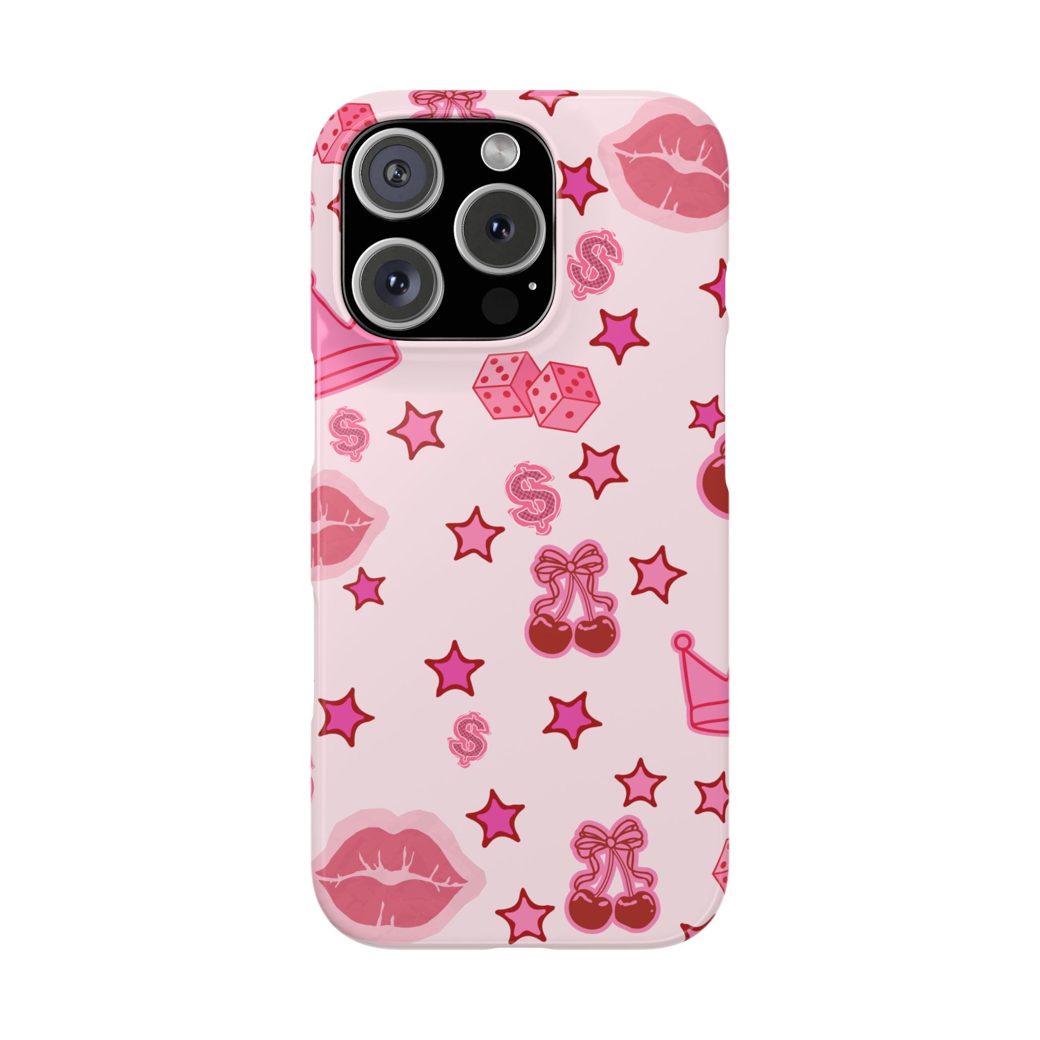 Pink Kawaii Icons Phone Case — Lip, Crown & Cherry Pattern Snap Case
