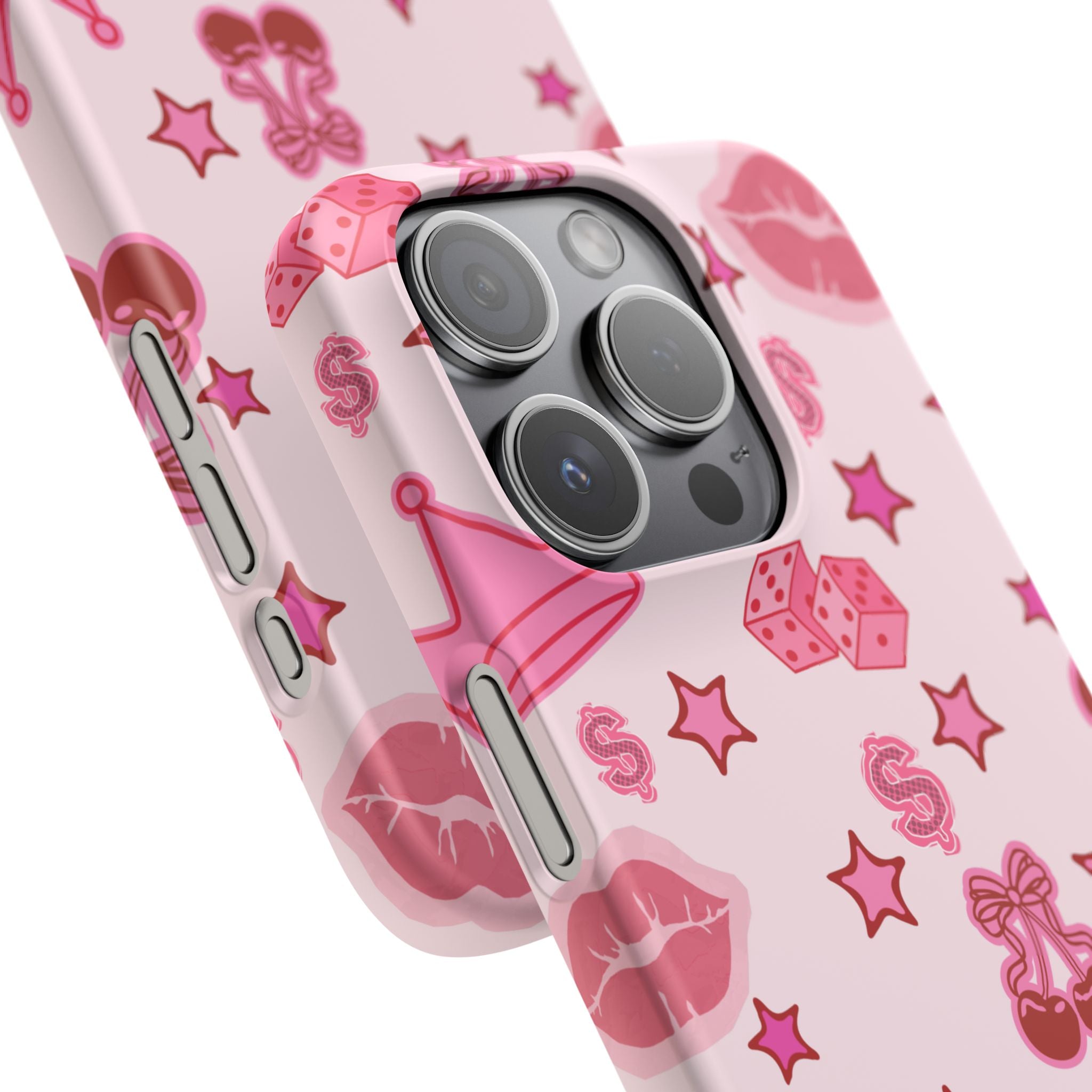 Pink Kawaii Icons Phone Case — Lip, Crown & Cherry Pattern Snap Case