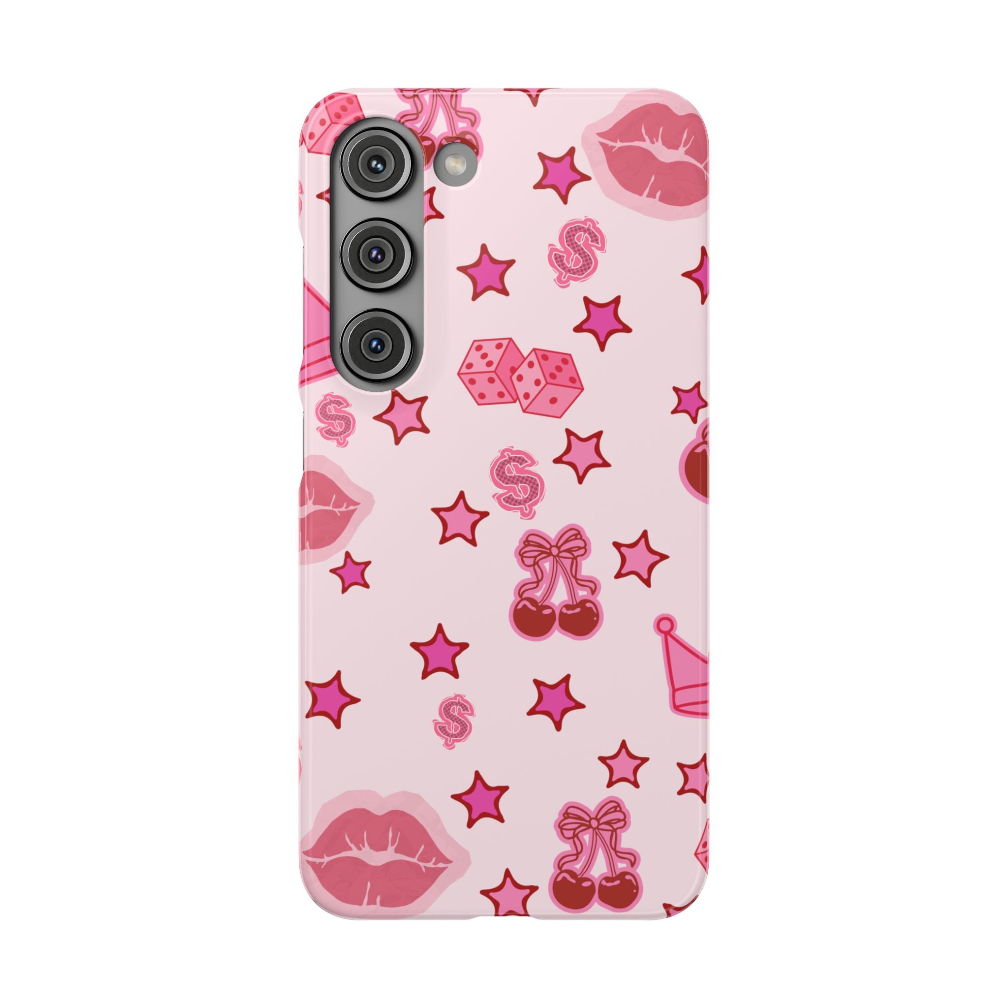 Pink Kawaii Icons Phone Case — Lip, Crown & Cherry Pattern Snap Case