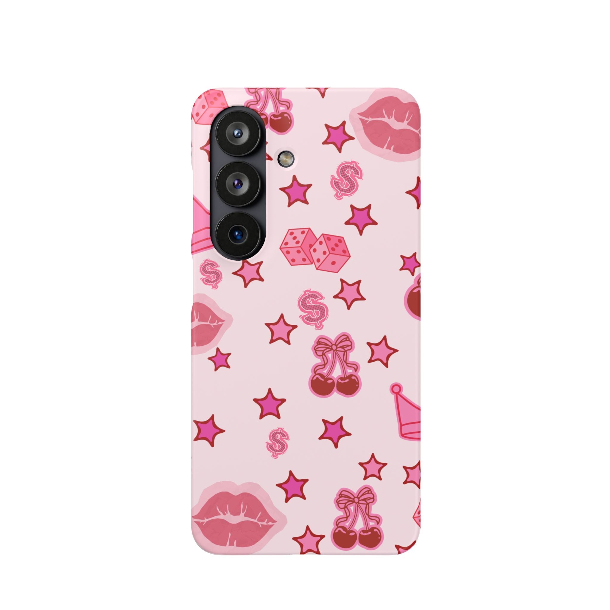 Pink Kawaii Icons Phone Case — Lip, Crown & Cherry Pattern Snap Case