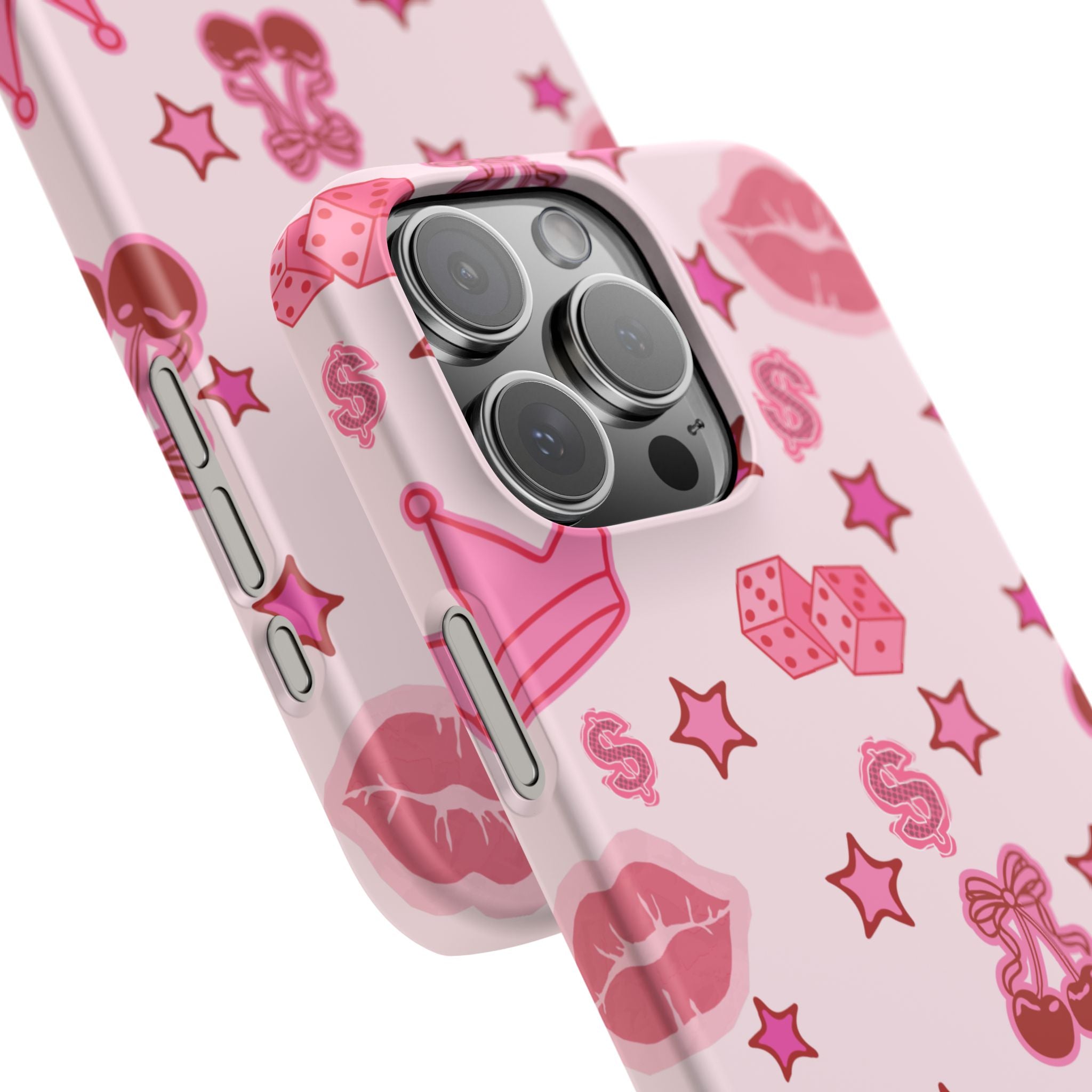 Pink Kawaii Icons Phone Case — Lip, Crown & Cherry Pattern Snap Case