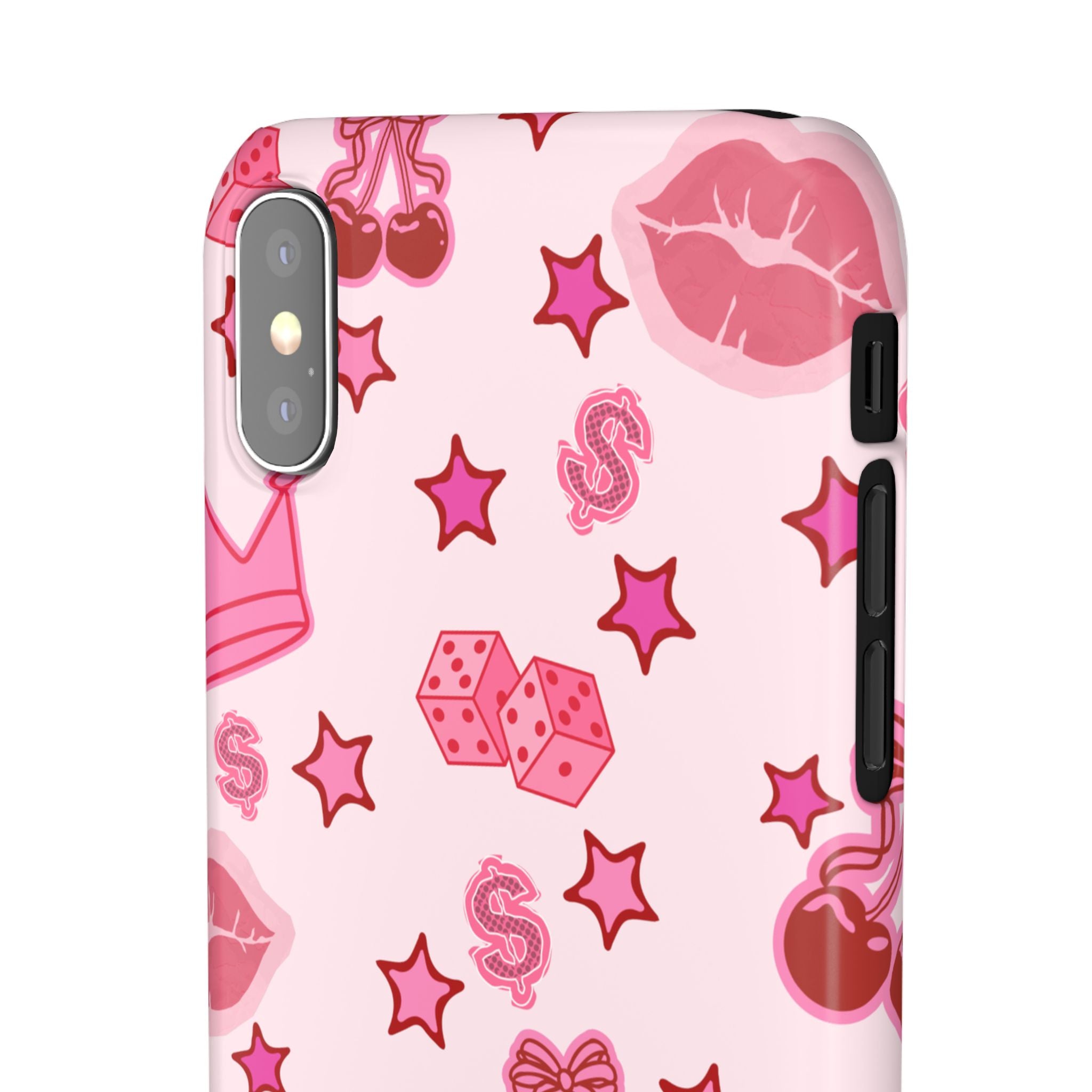 Pink Kawaii Icons Phone Case — Lip, Crown & Cherry Pattern Snap Case