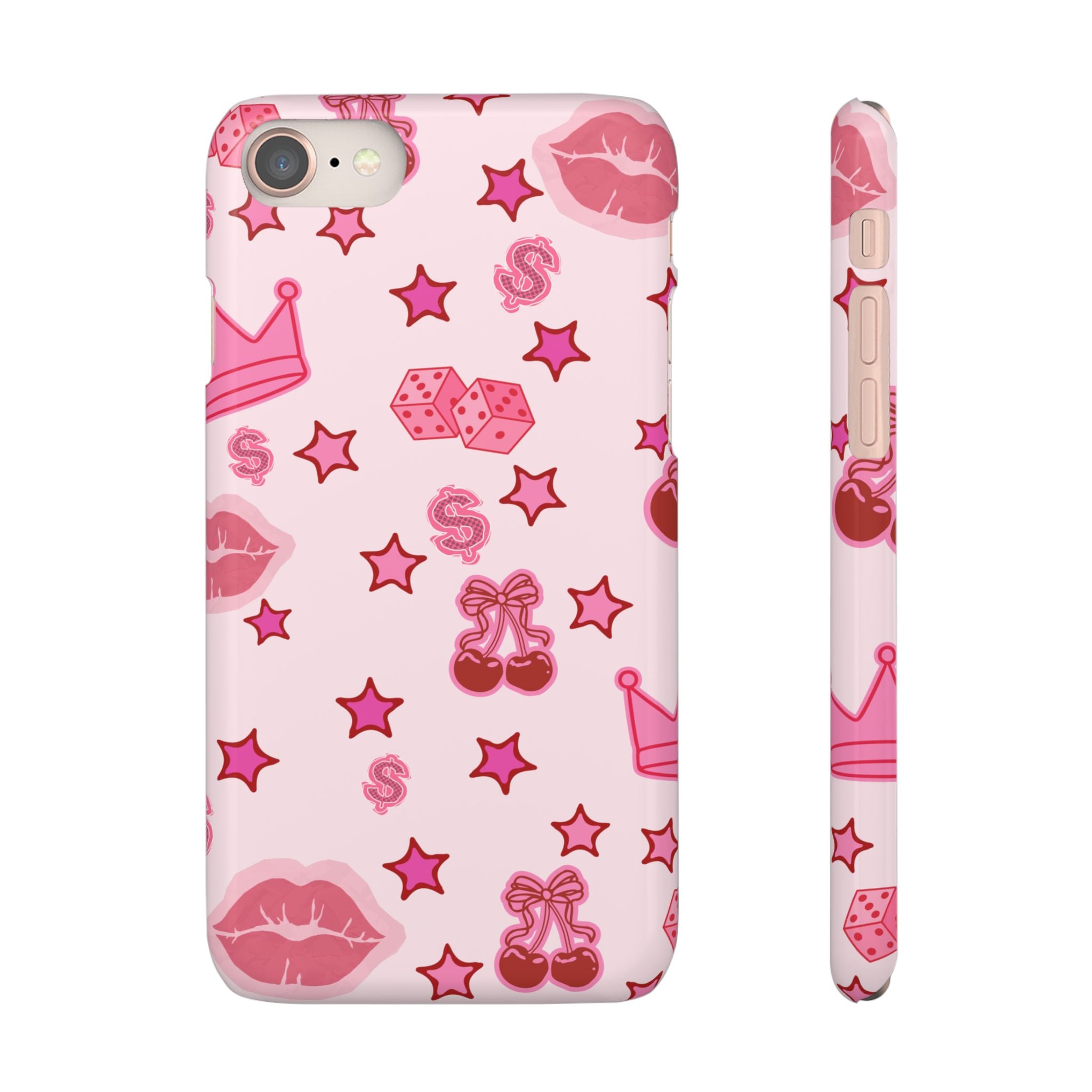 Pink Kawaii Icons Phone Case — Lip, Crown & Cherry Pattern Snap Case