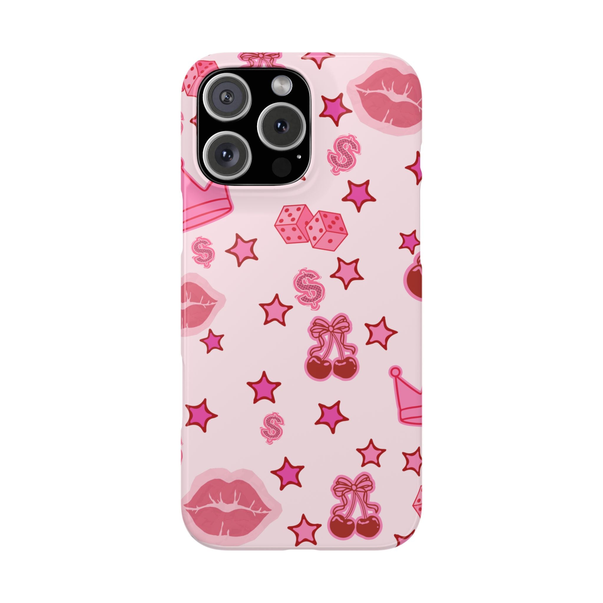 Pink Kawaii Icons Phone Case — Lip, Crown & Cherry Pattern Snap Case