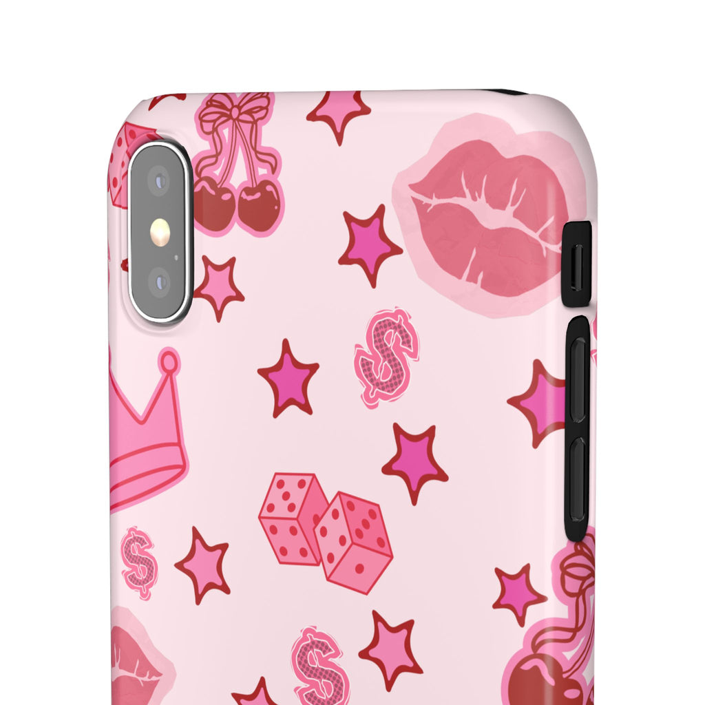 Pink Kawaii Icons Phone Case — Lip, Crown & Cherry Pattern Snap Case