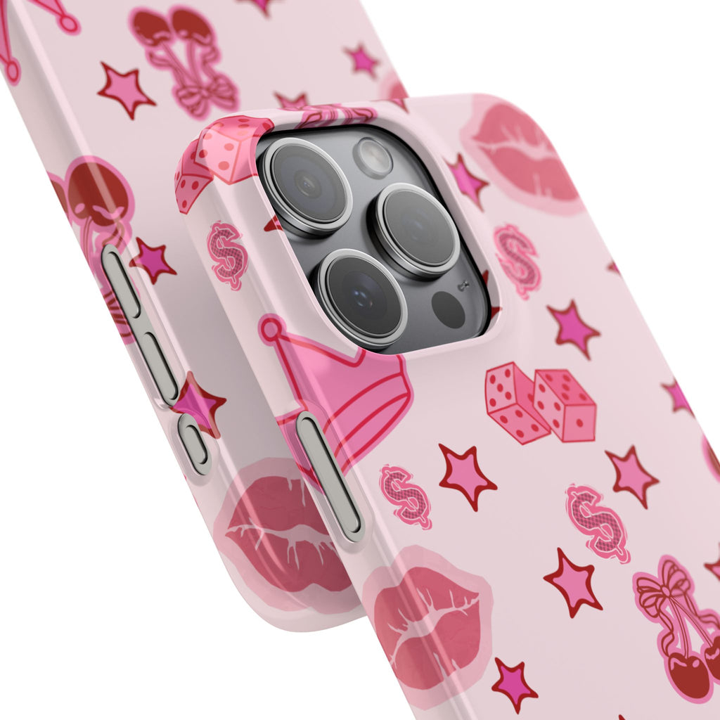 Pink Kawaii Icons Phone Case — Lip, Crown & Cherry Pattern Snap Case