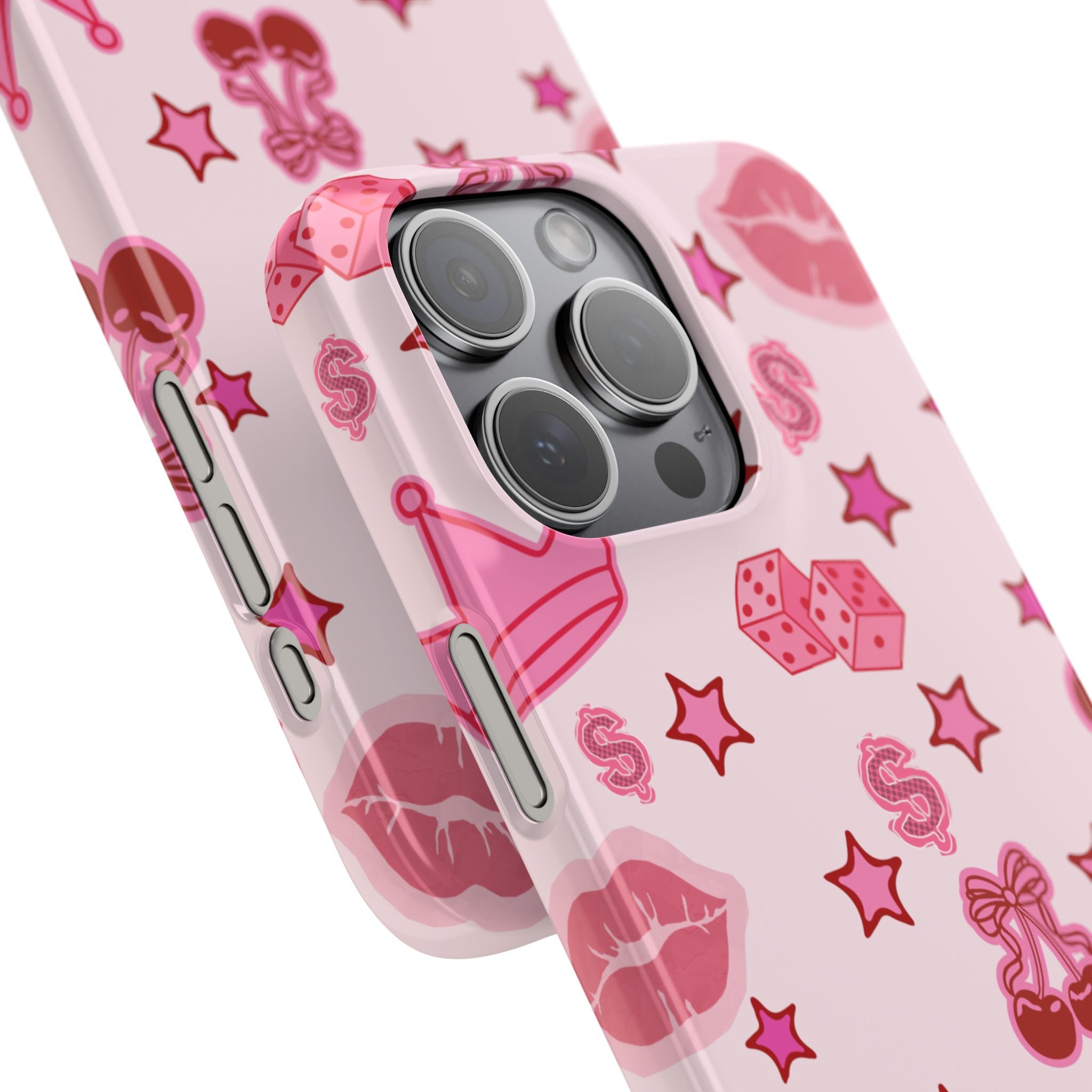 Pink Kawaii Icons Phone Case — Lip, Crown & Cherry Pattern Snap Case