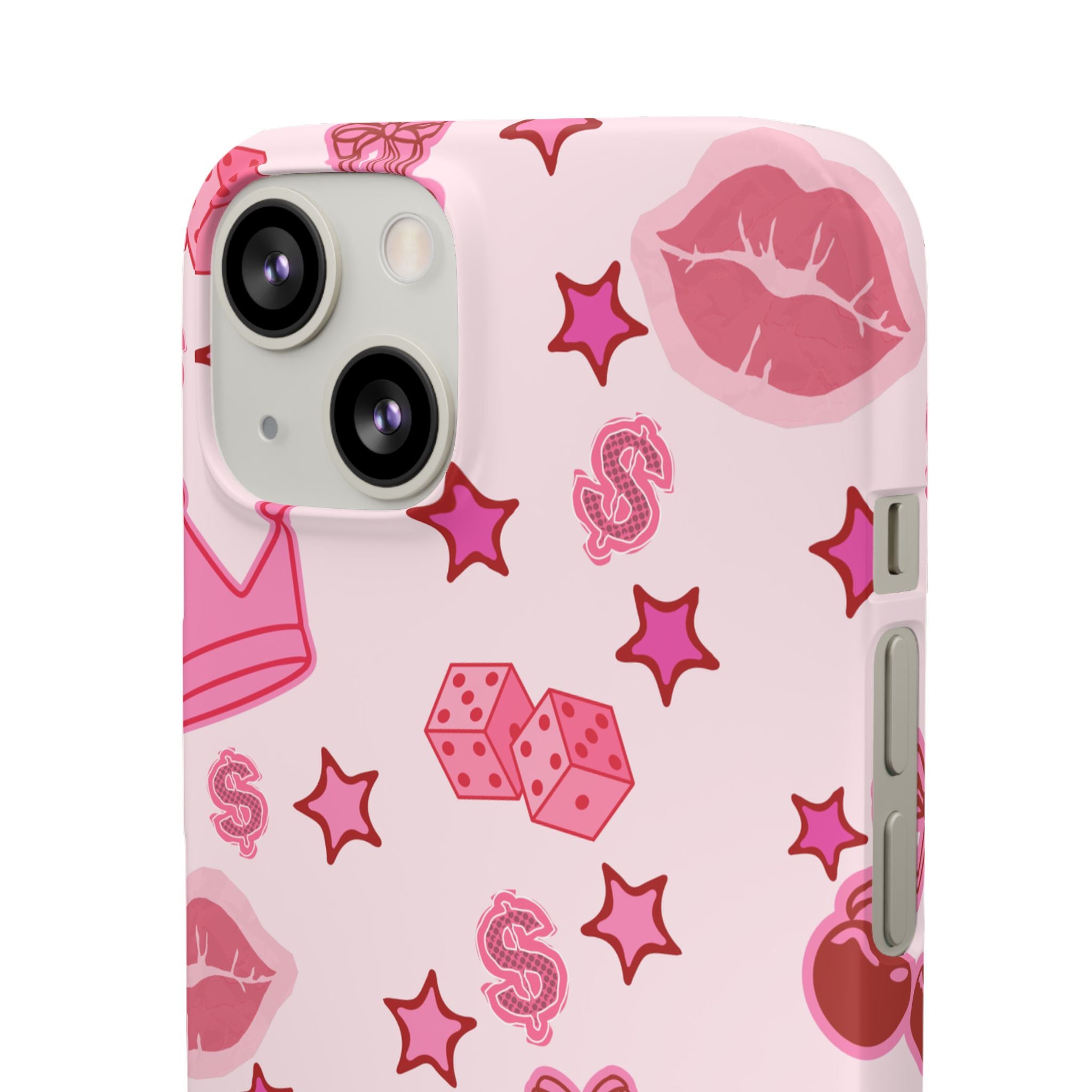 Pink Kawaii Icons Phone Case — Lip, Crown & Cherry Pattern Snap Case