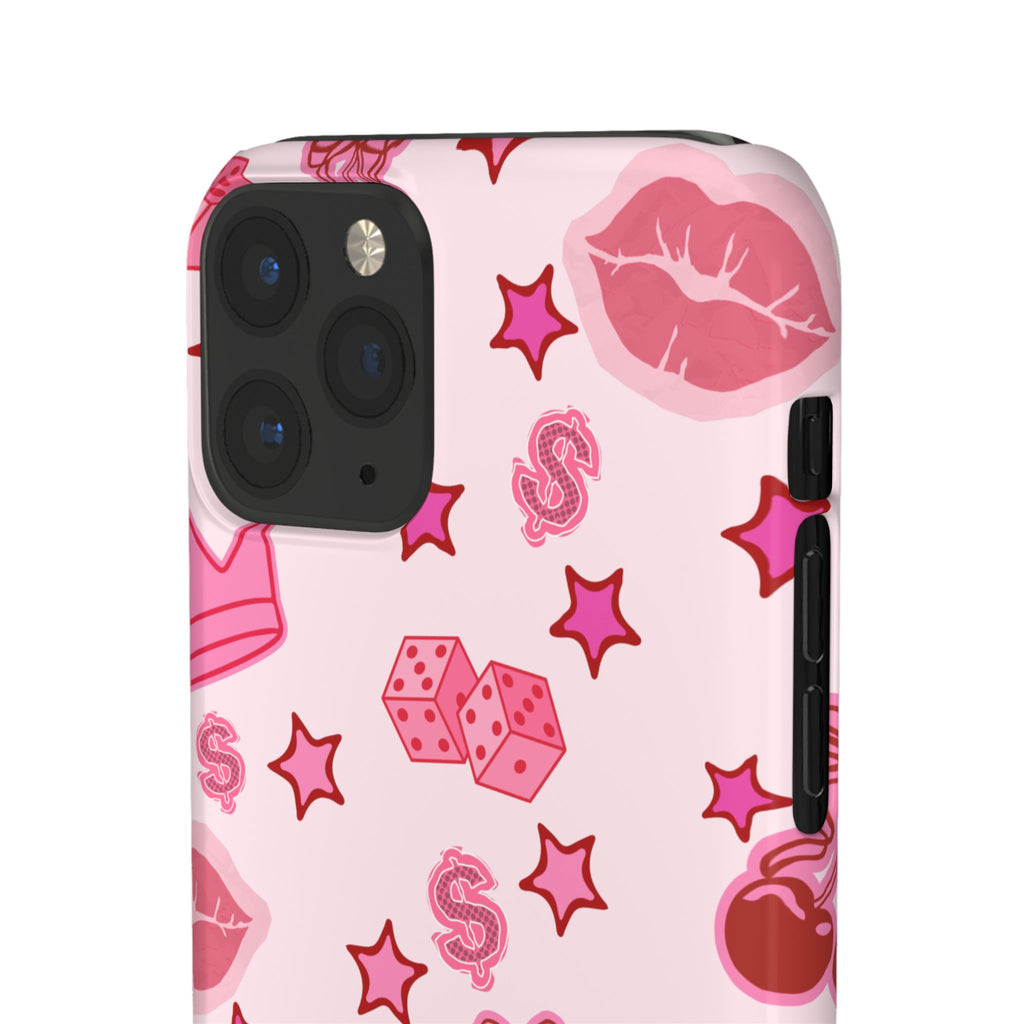 Pink Kawaii Icons Phone Case — Lip, Crown & Cherry Pattern Snap Case