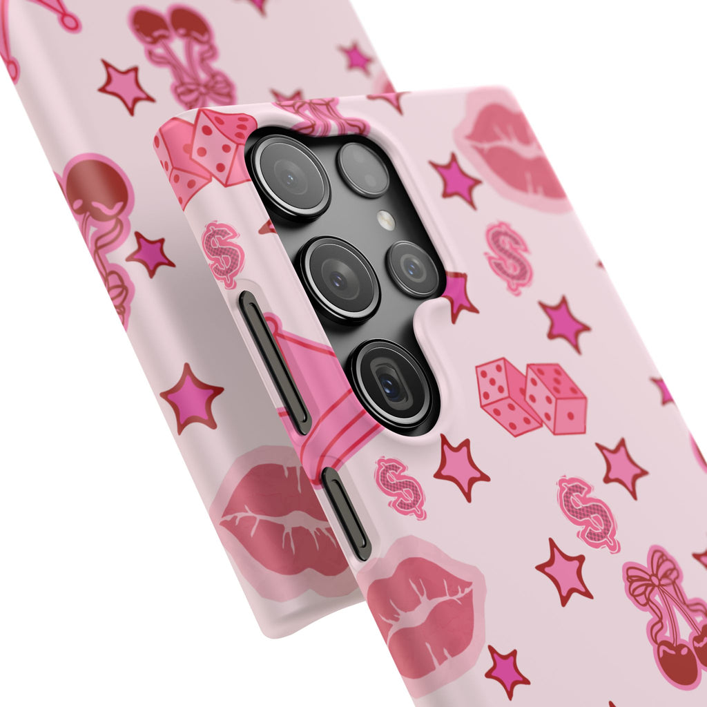 Pink Kawaii Icons Phone Case — Lip, Crown & Cherry Pattern Snap Case