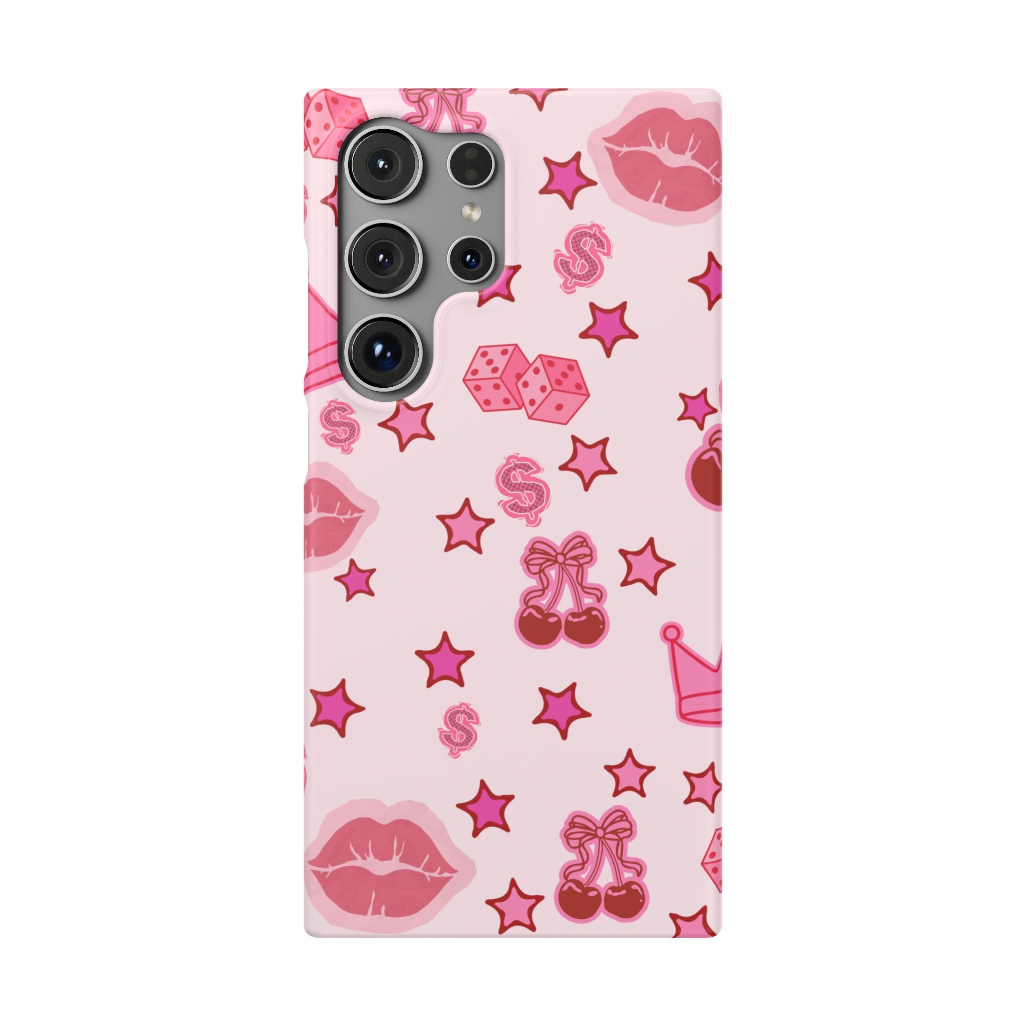 Pink Kawaii Icons Phone Case — Lip, Crown & Cherry Pattern Snap Case