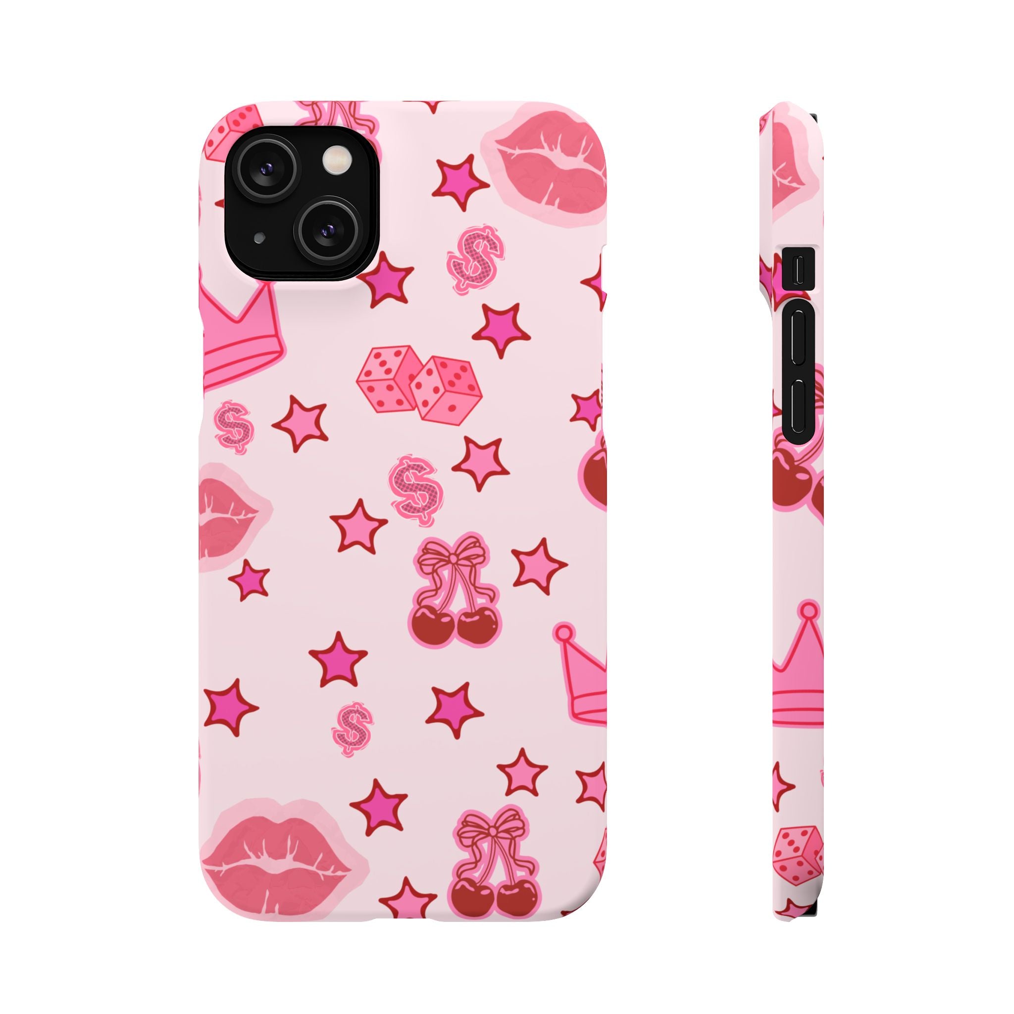 Pink Kawaii Icons Phone Case — Lip, Crown & Cherry Pattern Snap Case