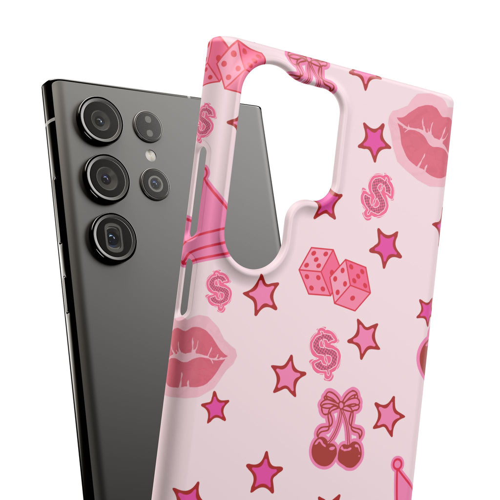 Pink Kawaii Icons Phone Case — Lip, Crown & Cherry Pattern Snap Case