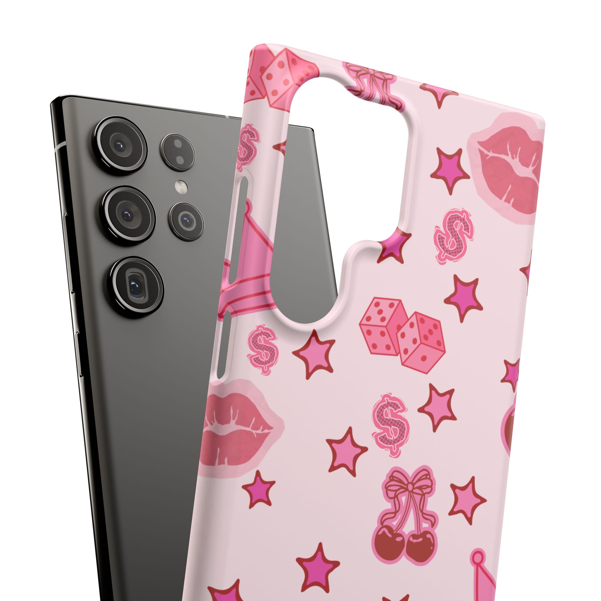Pink Kawaii Icons Phone Case — Lip, Crown & Cherry Pattern Snap Case