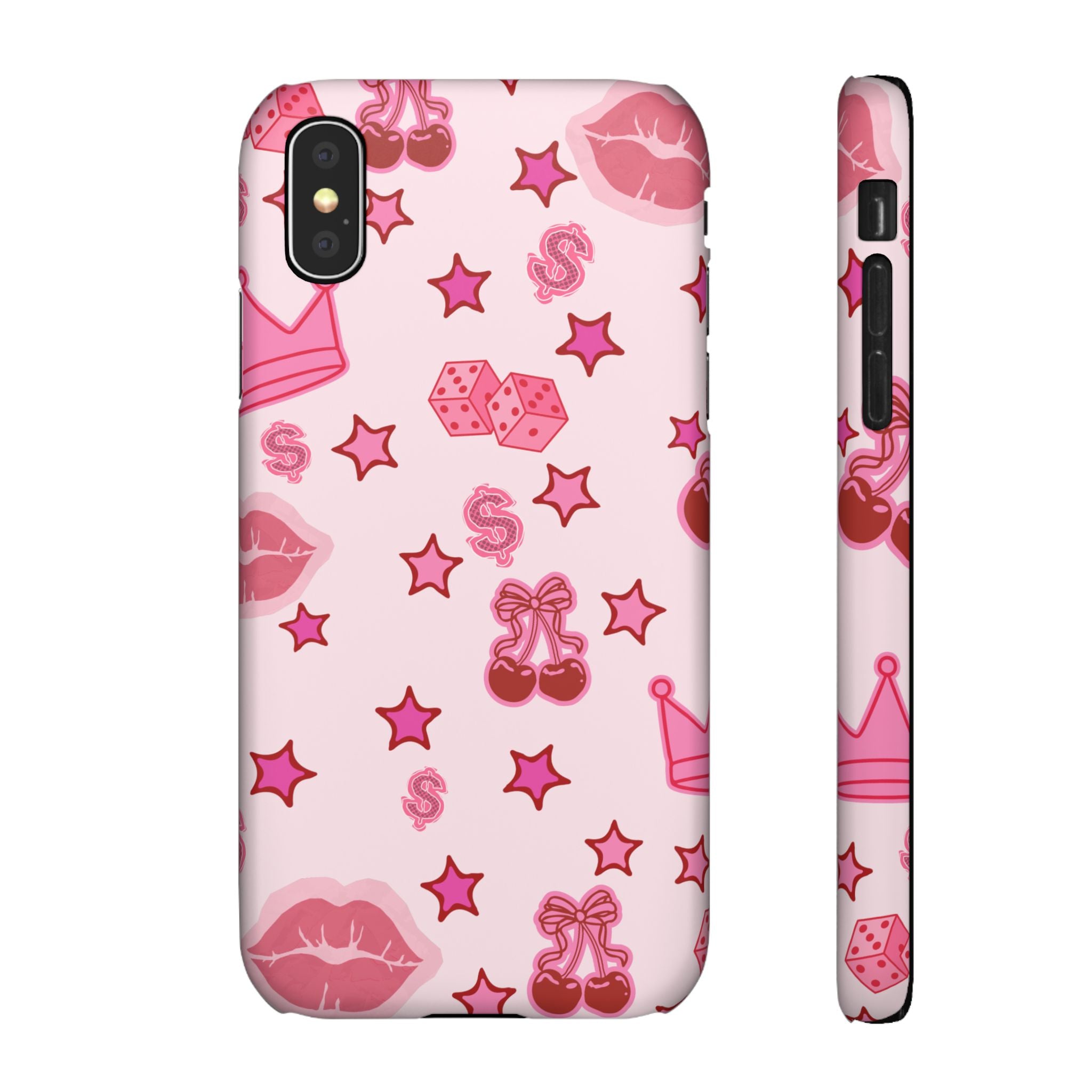 Pink Kawaii Icons Phone Case — Lip, Crown & Cherry Pattern Snap Case