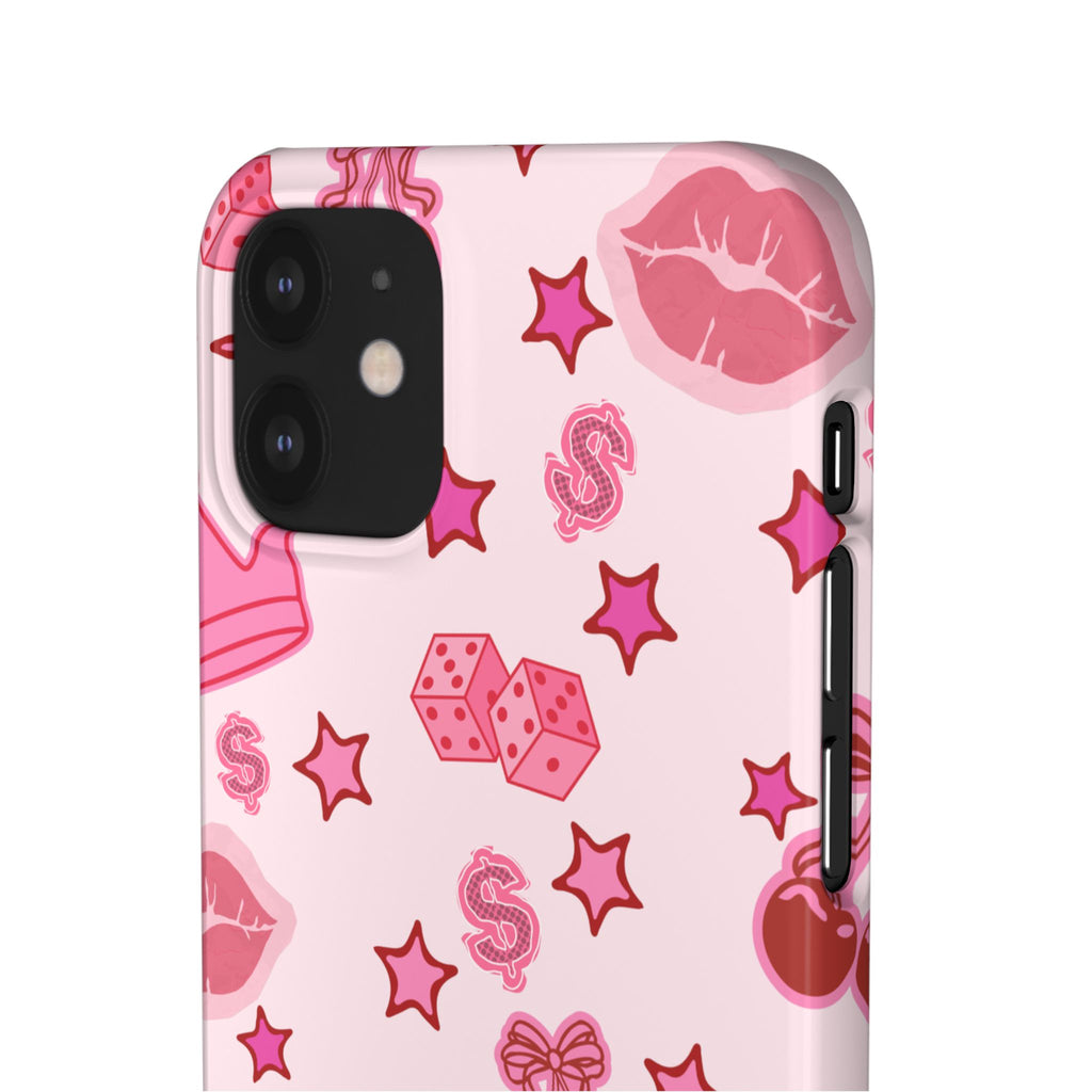 Pink Kawaii Icons Phone Case — Lip, Crown & Cherry Pattern Snap Case