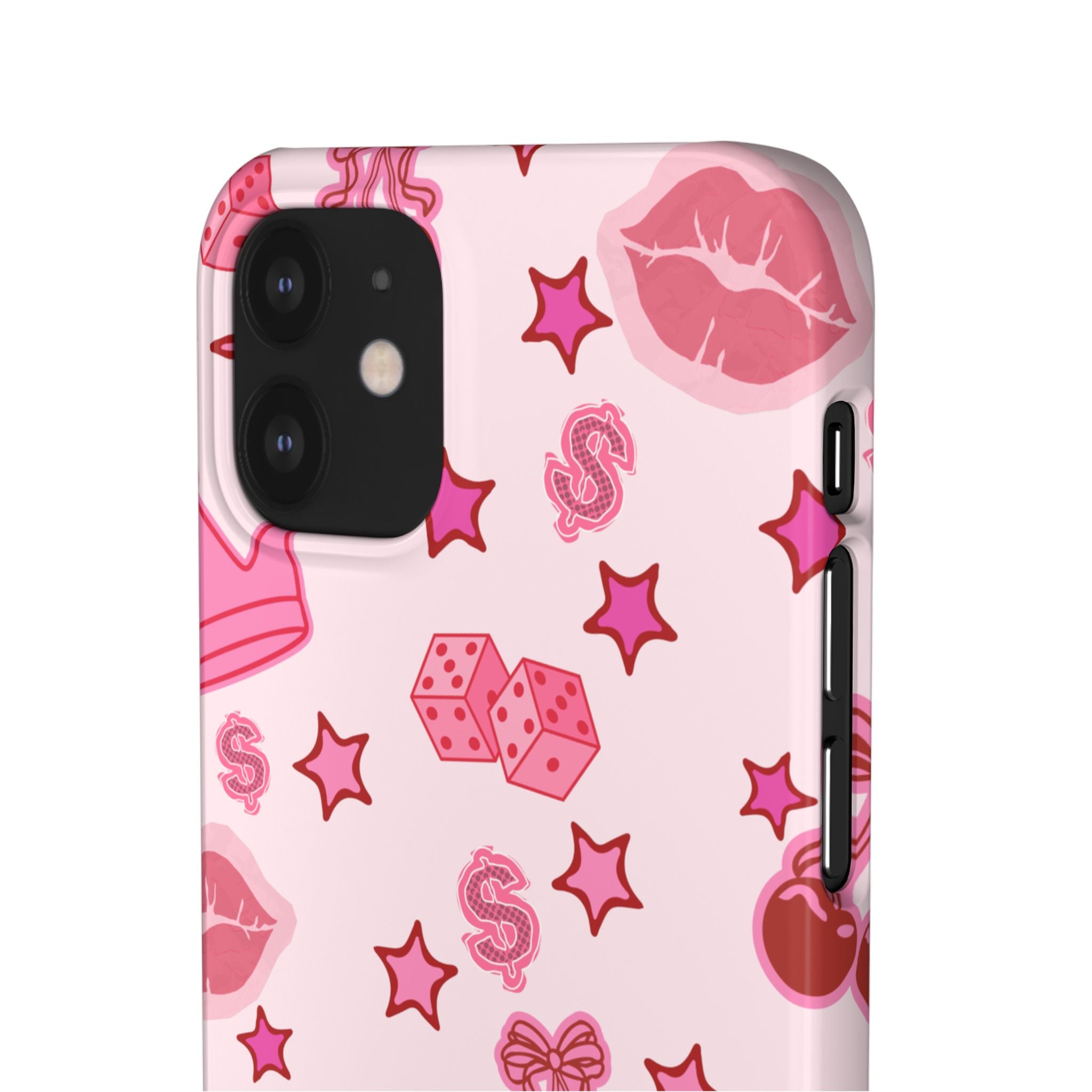 Pink Kawaii Icons Phone Case — Lip, Crown & Cherry Pattern Snap Case