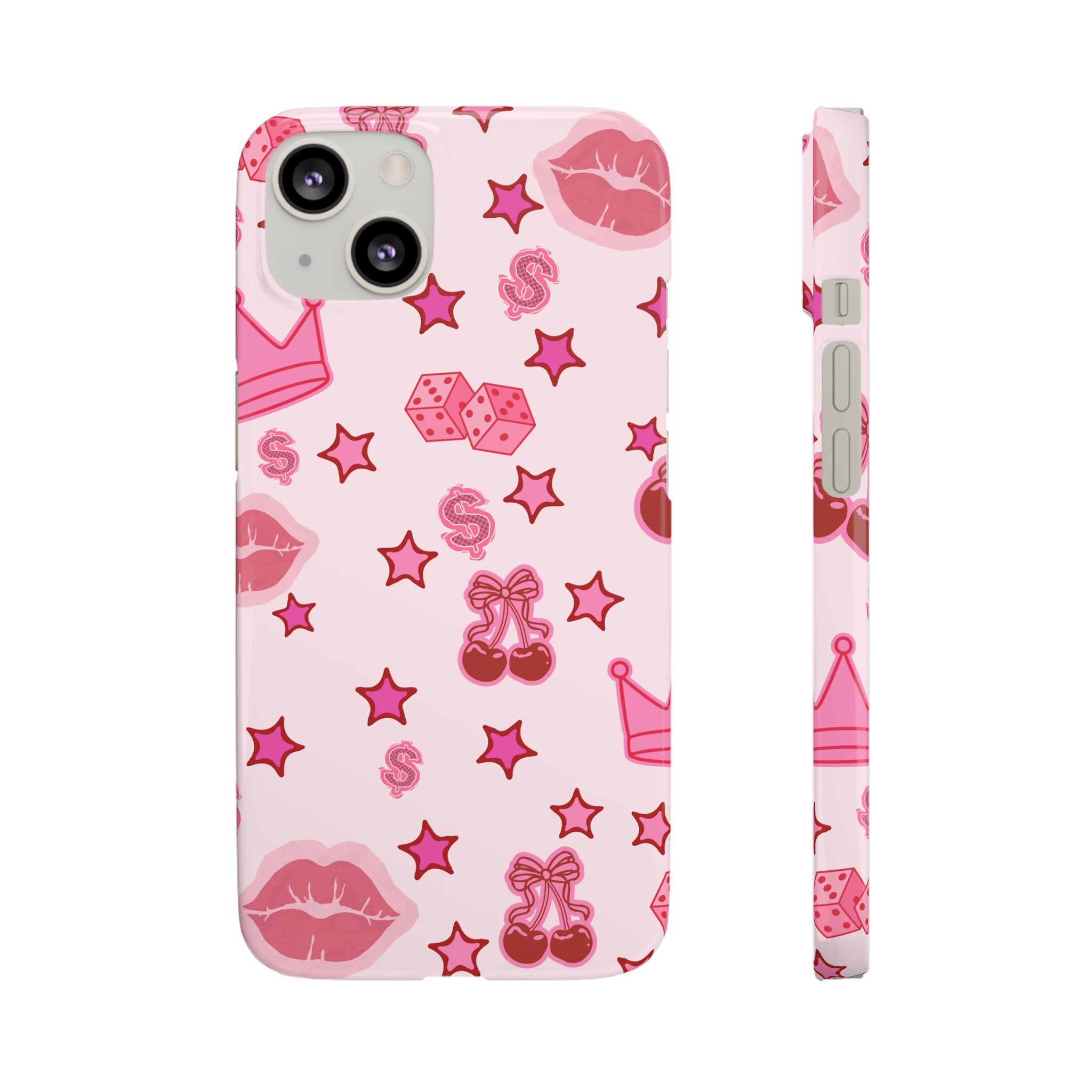 Pink Kawaii Icons Phone Case — Lip, Crown & Cherry Pattern Snap Case