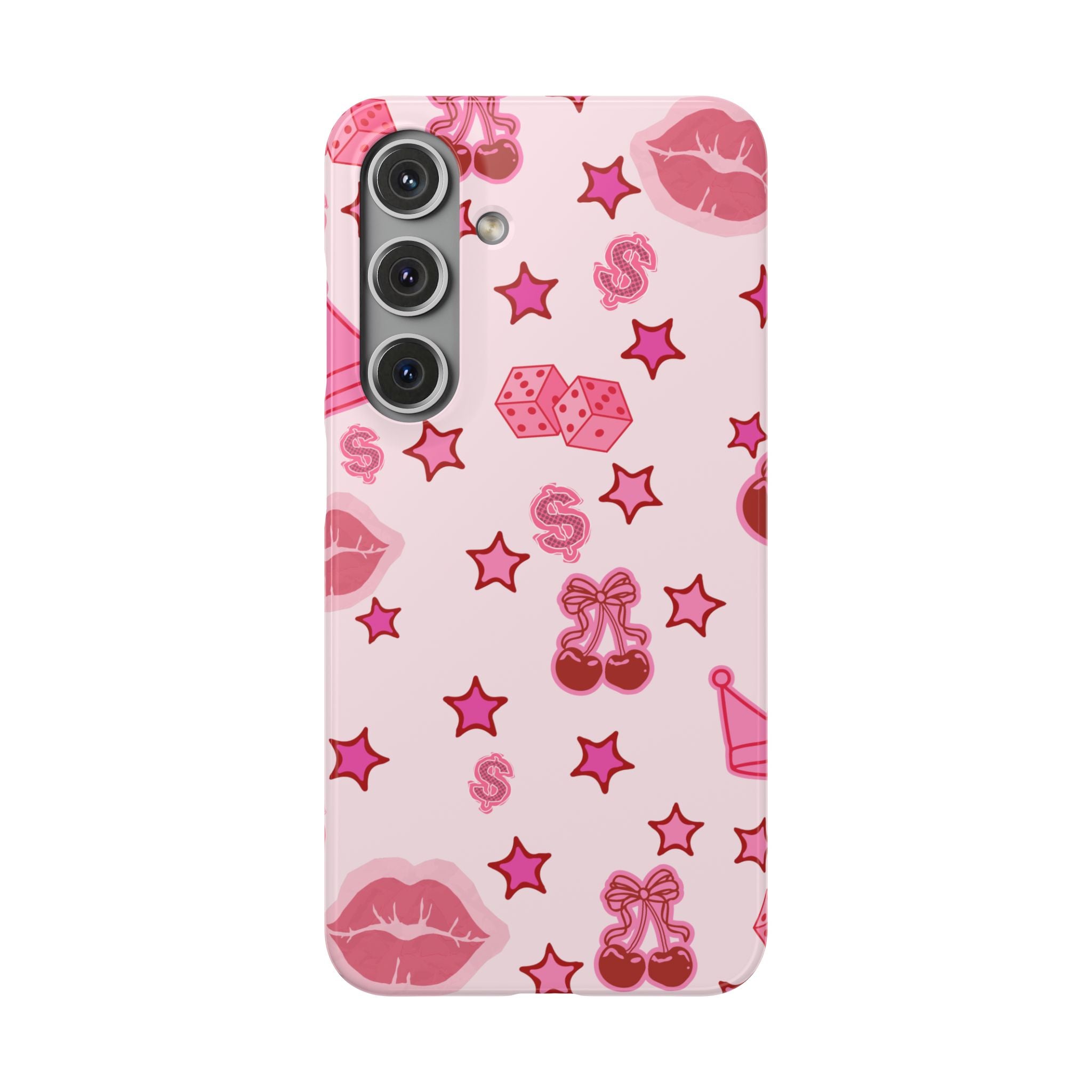Pink Kawaii Icons Phone Case — Lip, Crown & Cherry Pattern Snap Case