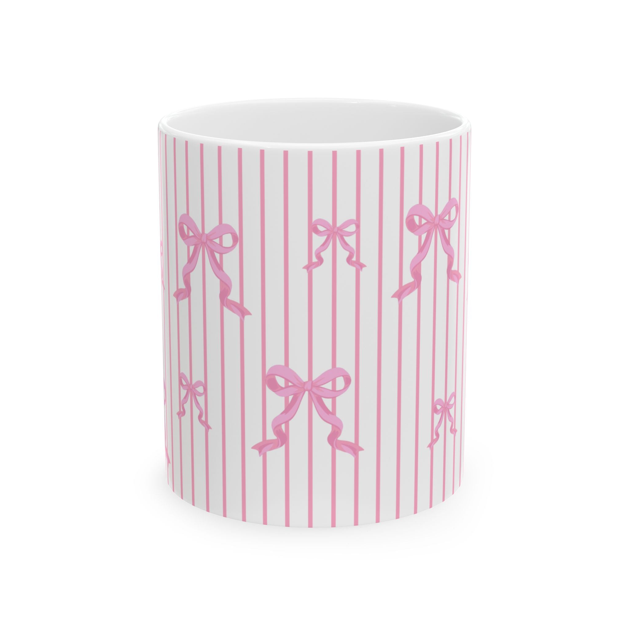 Pink Bow Stripe Ceramic Mug, Cute Coffee Cup (11oz & 15oz)