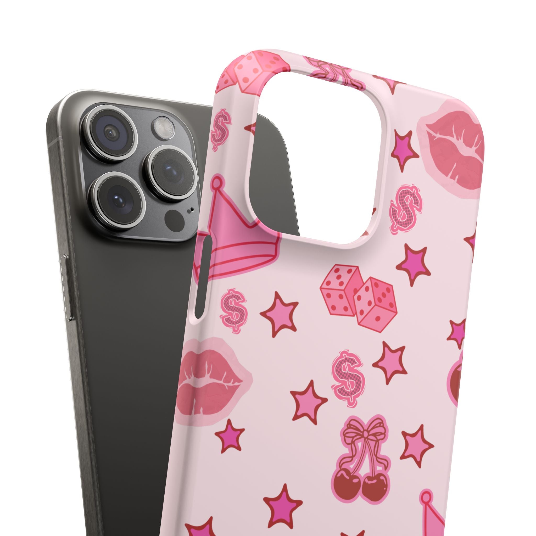 Pink Kawaii Icons Phone Case — Lip, Crown & Cherry Pattern Snap Case