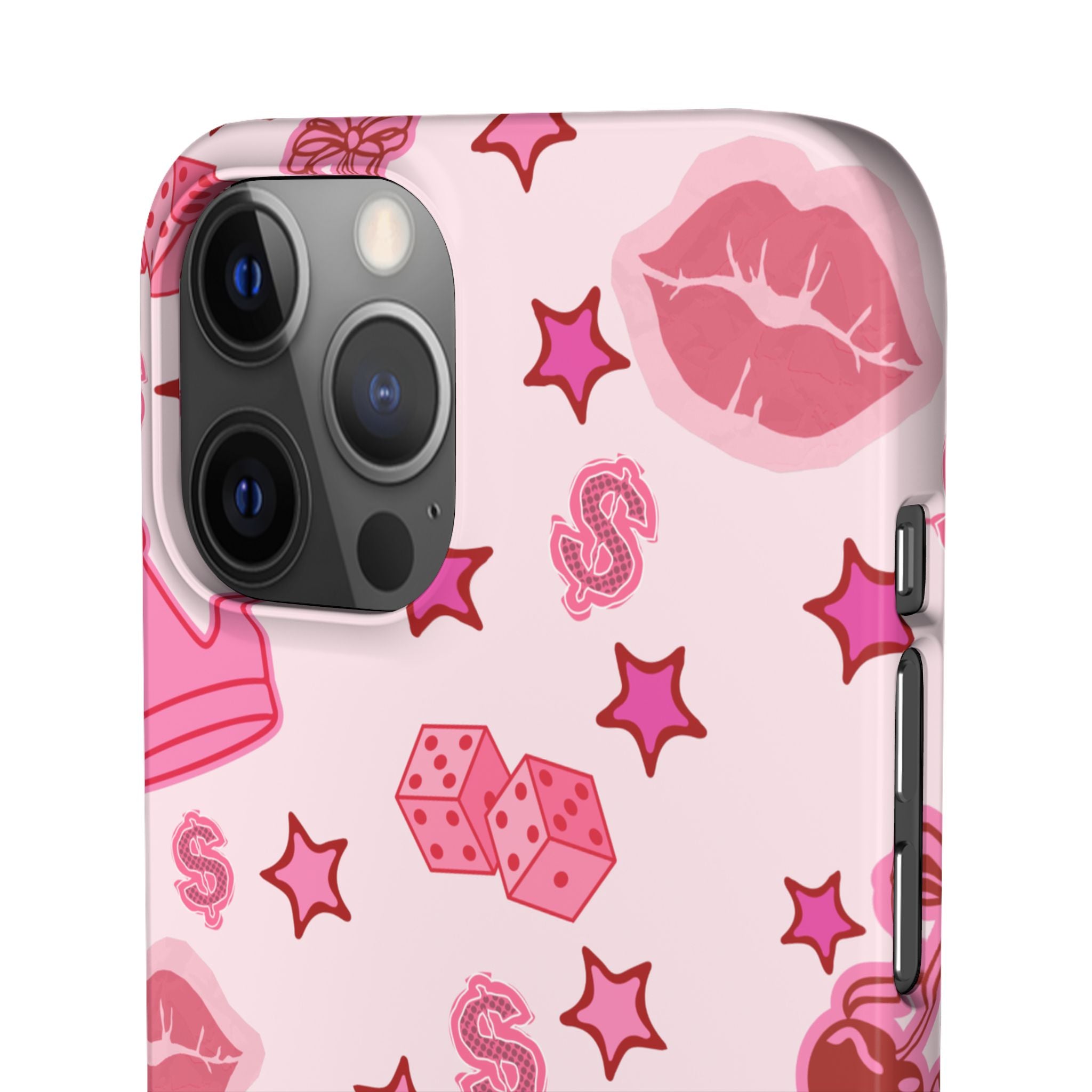 Pink Kawaii Icons Phone Case — Lip, Crown & Cherry Pattern Snap Case