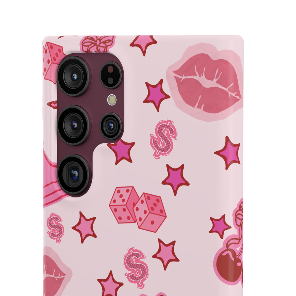 Pink Kawaii Icons Phone Case — Lip, Crown & Cherry Pattern Snap Case