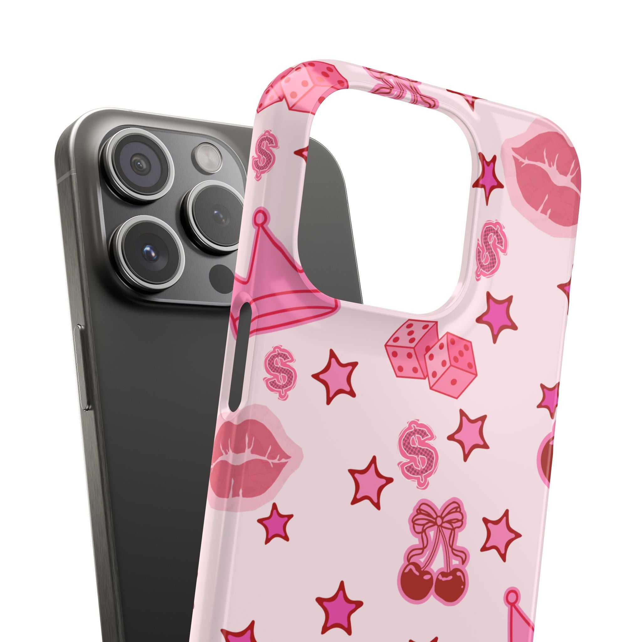 Pink Kawaii Icons Phone Case — Lip, Crown & Cherry Pattern Snap Case