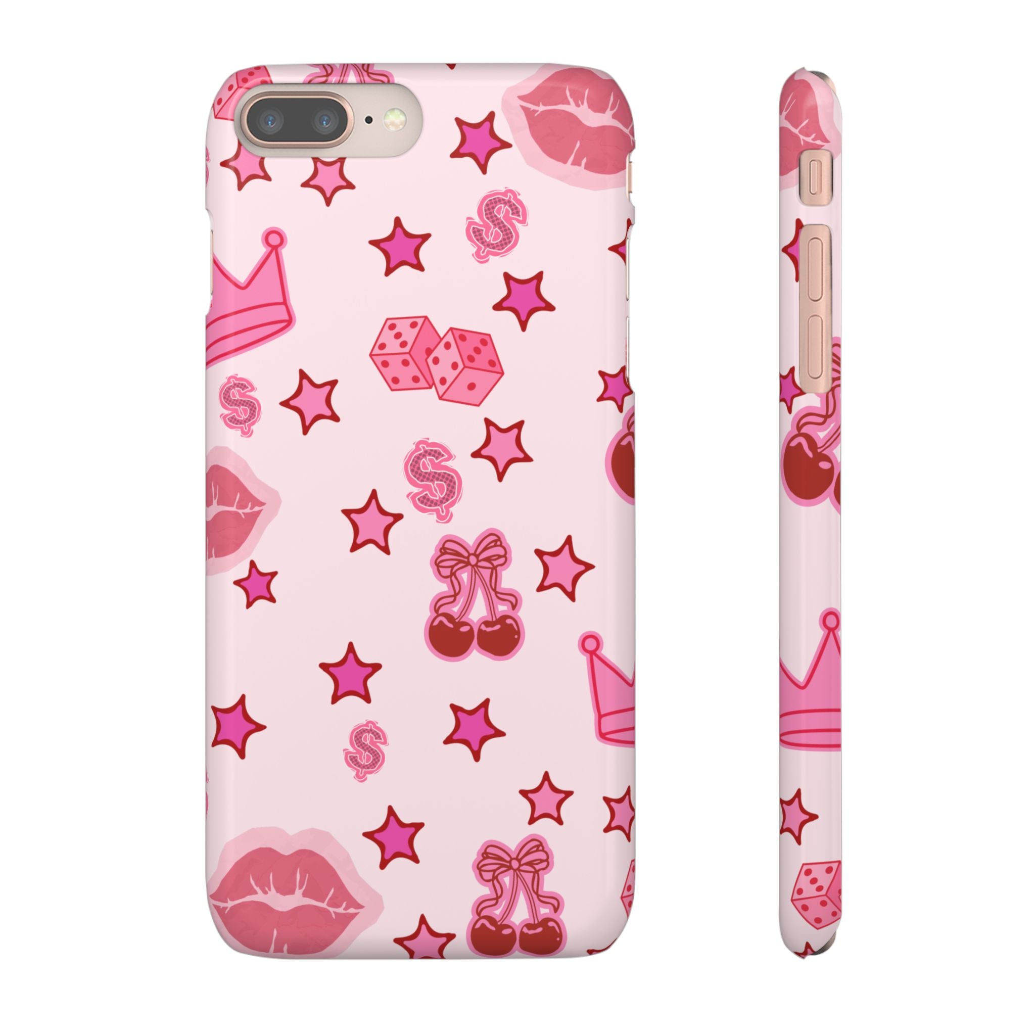 Pink Kawaii Icons Phone Case — Lip, Crown & Cherry Pattern Snap Case
