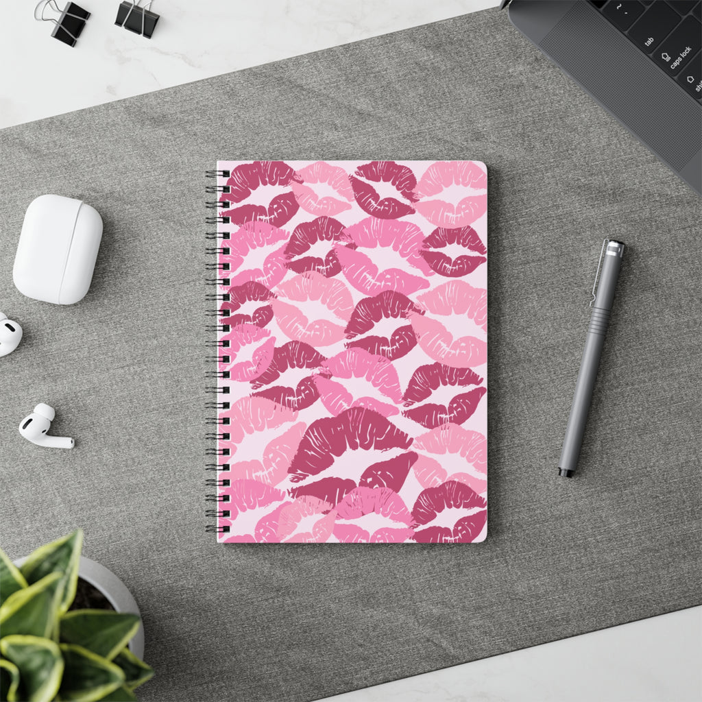 Pink Kiss Pattern A5 Wirobound Notebook — Lined Journal for Notes & Gifts