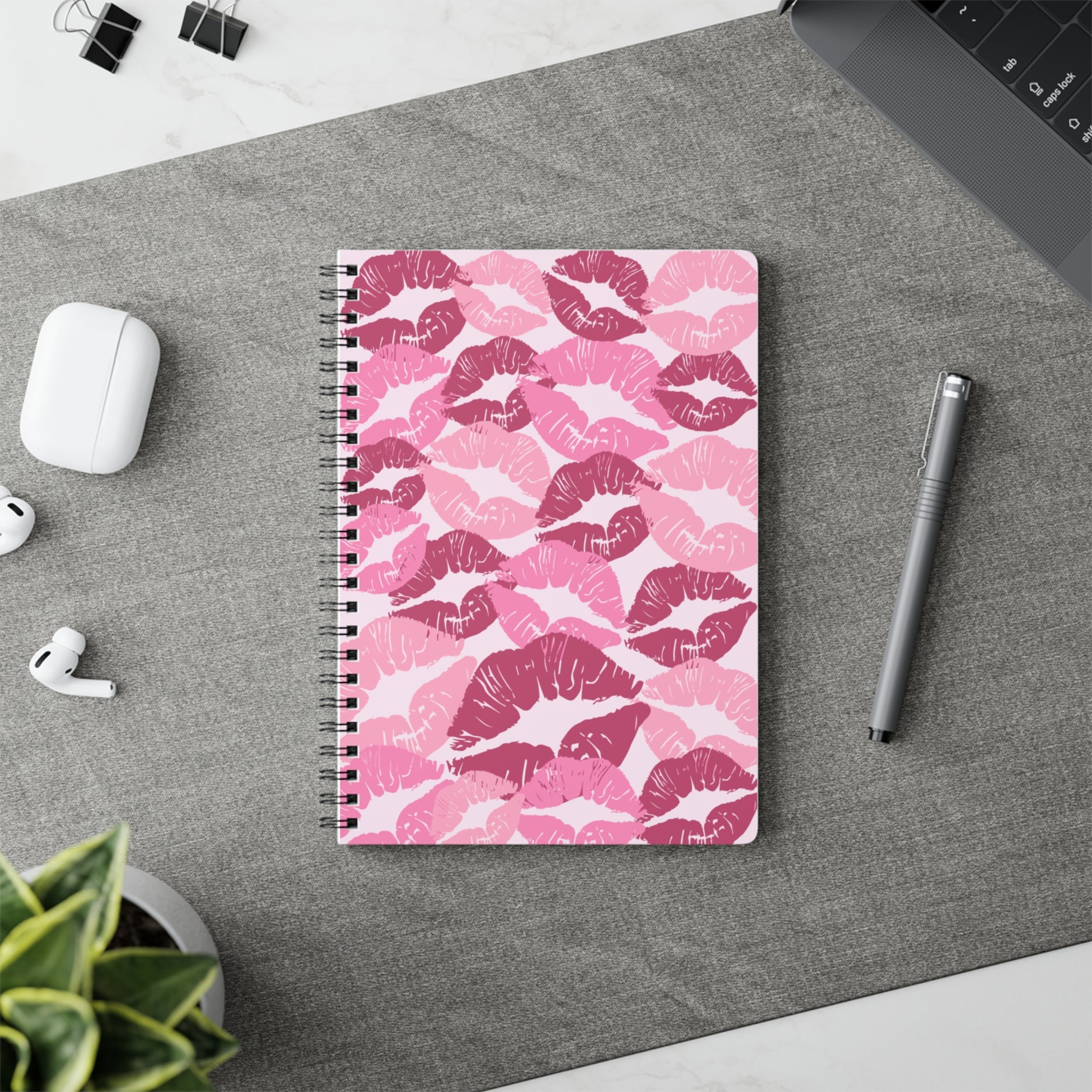 Pink Kiss Pattern A5 Wirobound Notebook — Lined Journal for Notes & Gifts