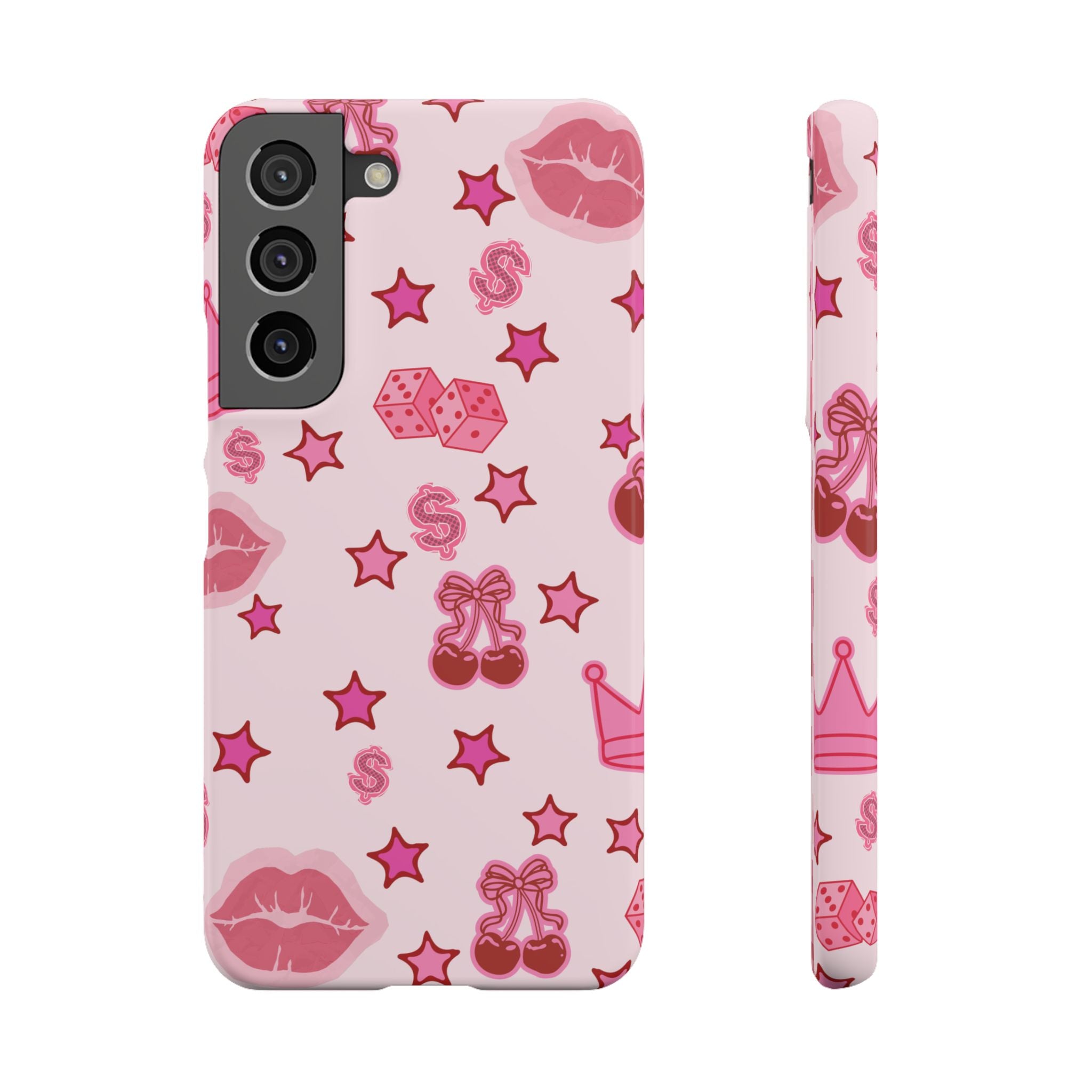Pink Kawaii Icons Phone Case — Lip, Crown & Cherry Pattern Snap Case