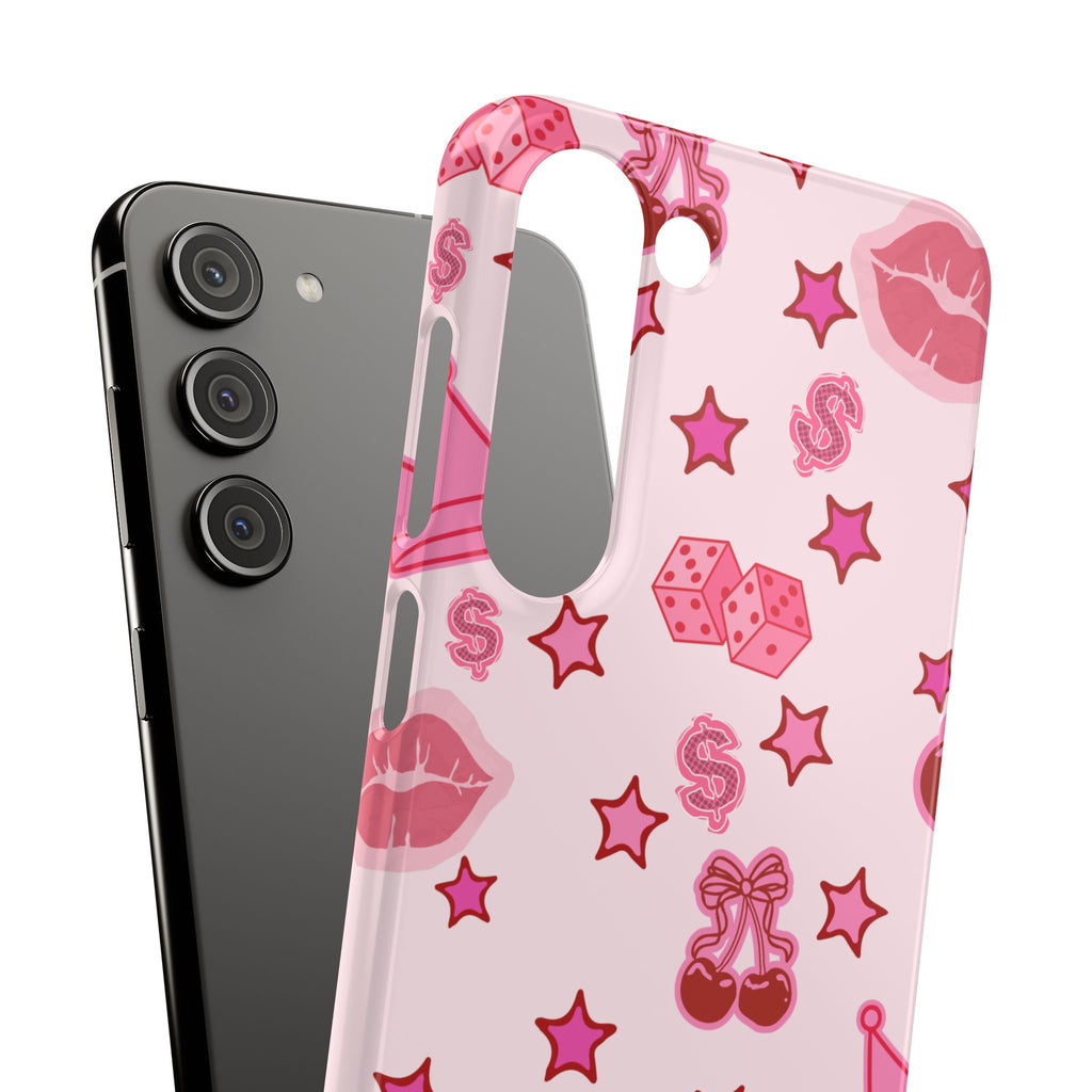 Pink Kawaii Icons Phone Case — Lip, Crown & Cherry Pattern Snap Case