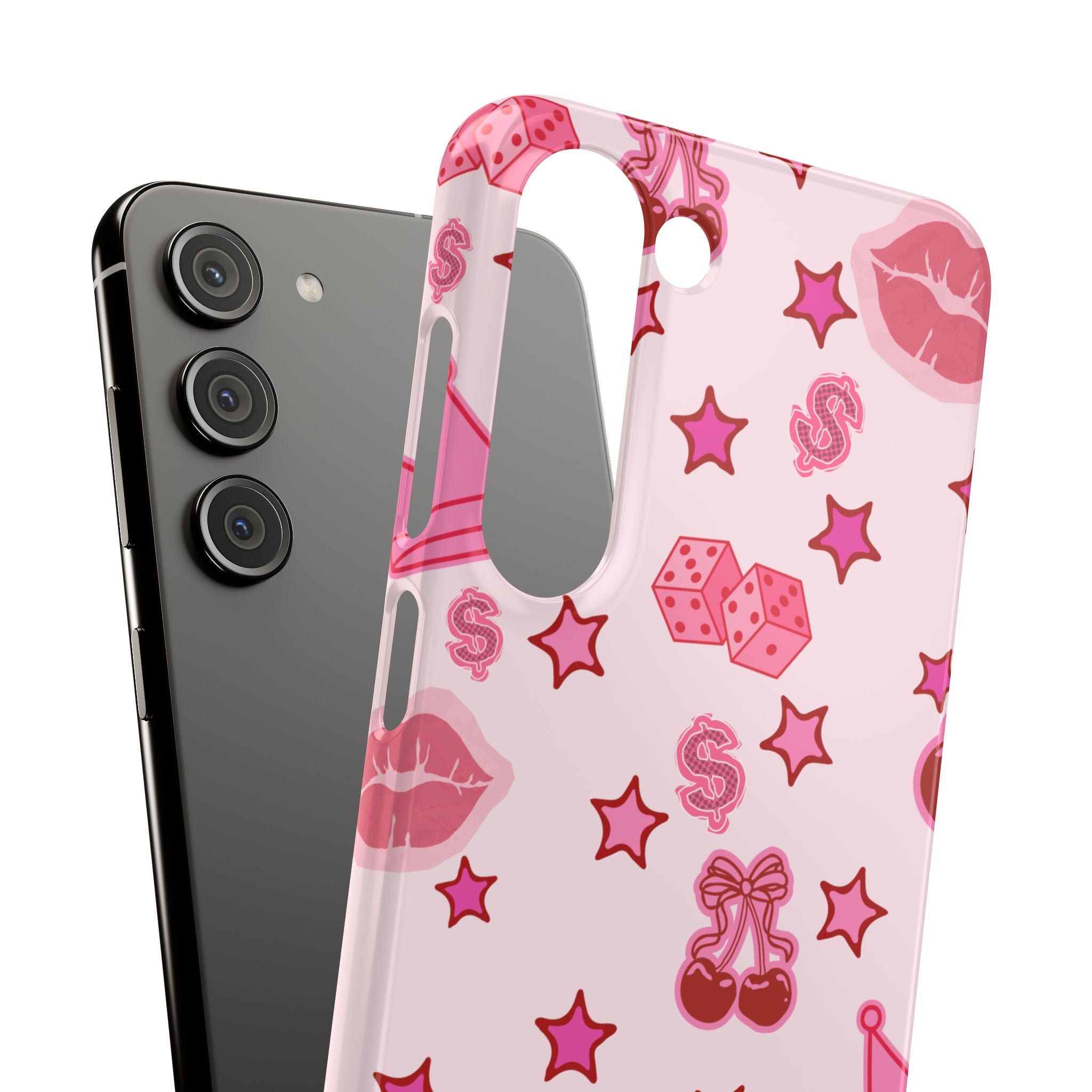 Pink Kawaii Icons Phone Case — Lip, Crown & Cherry Pattern Snap Case