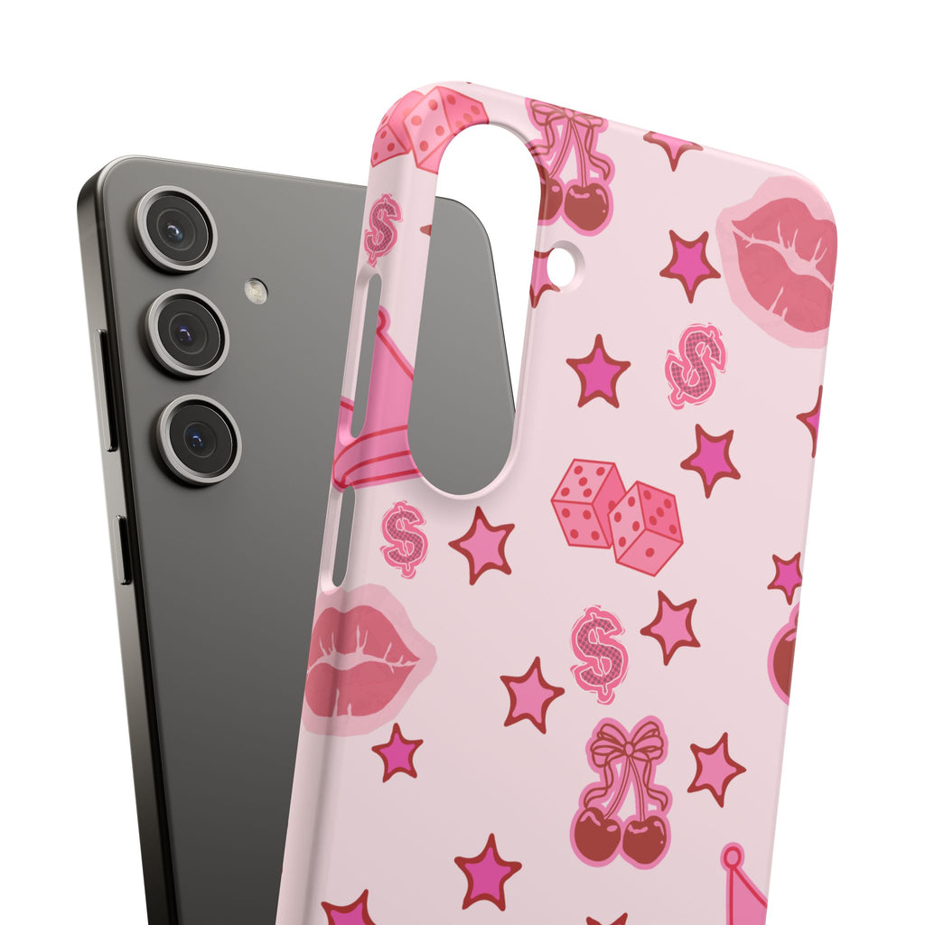 Pink Kawaii Icons Phone Case — Lip, Crown & Cherry Pattern Snap Case