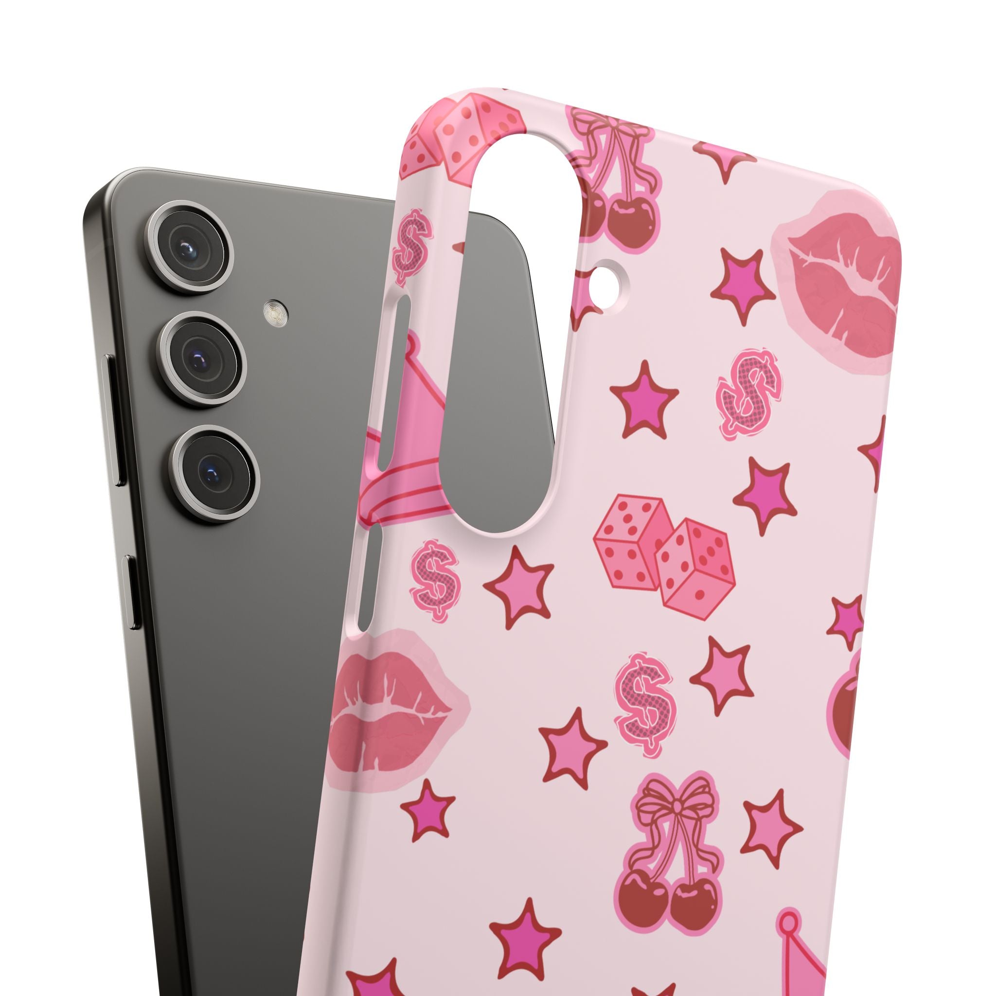 Pink Kawaii Icons Phone Case — Lip, Crown & Cherry Pattern Snap Case