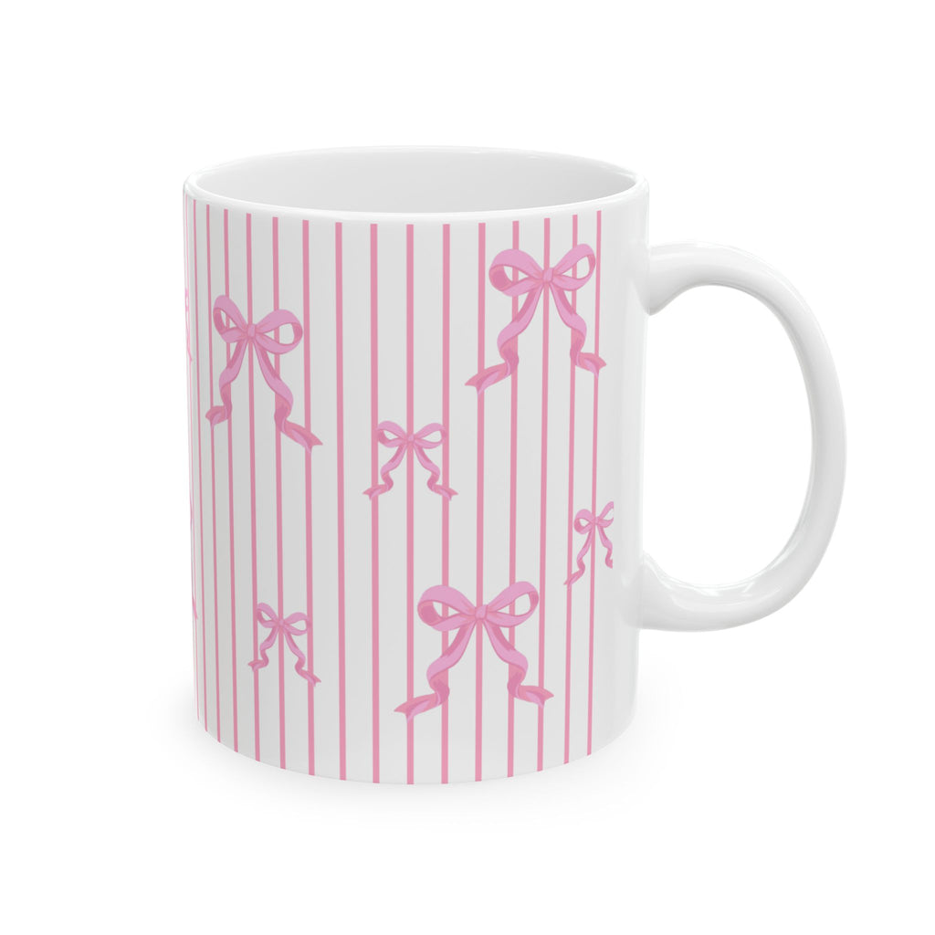 Pink Bow Stripe Ceramic Mug, Cute Coffee Cup (11oz & 15oz)