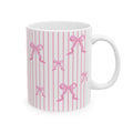 Pink Bow Stripe Ceramic Mug, Cute Coffee Cup (11oz & 15oz)