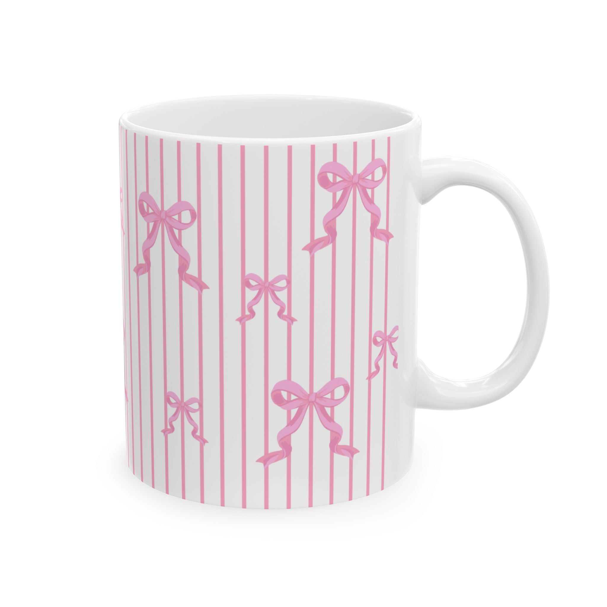 Pink Bow Stripe Ceramic Mug, Cute Coffee Cup (11oz & 15oz)