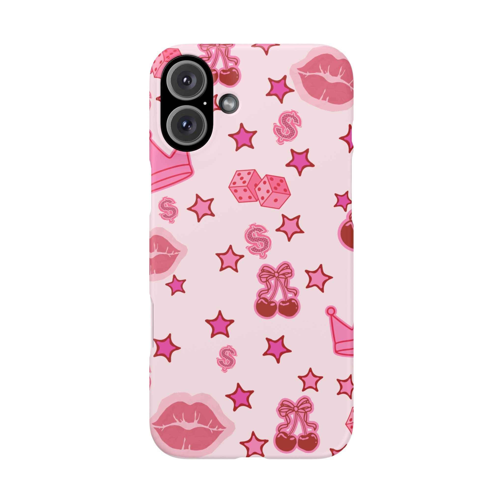 Pink Kawaii Icons Phone Case — Lip, Crown & Cherry Pattern Snap Case