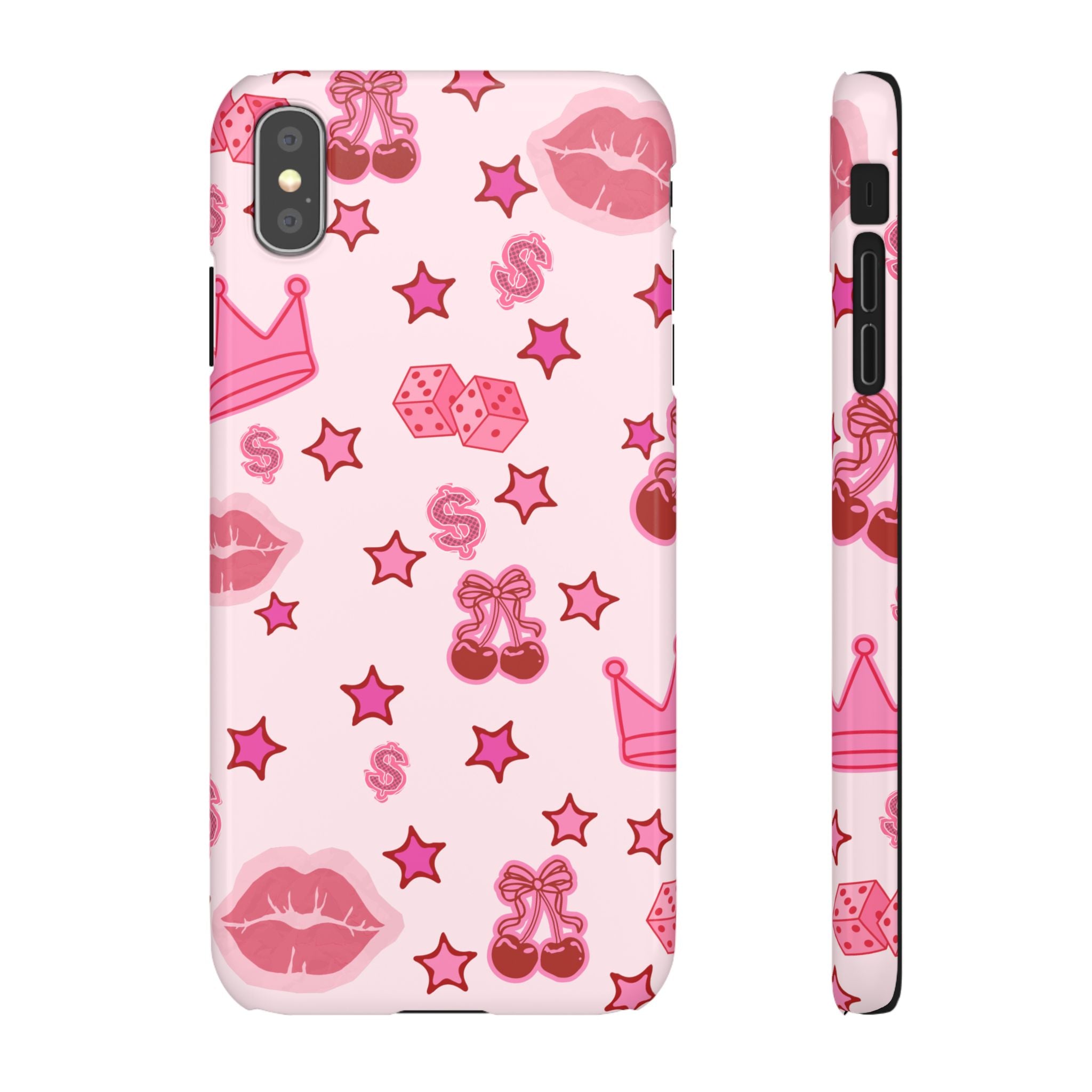 Pink Kawaii Icons Phone Case — Lip, Crown & Cherry Pattern Snap Case