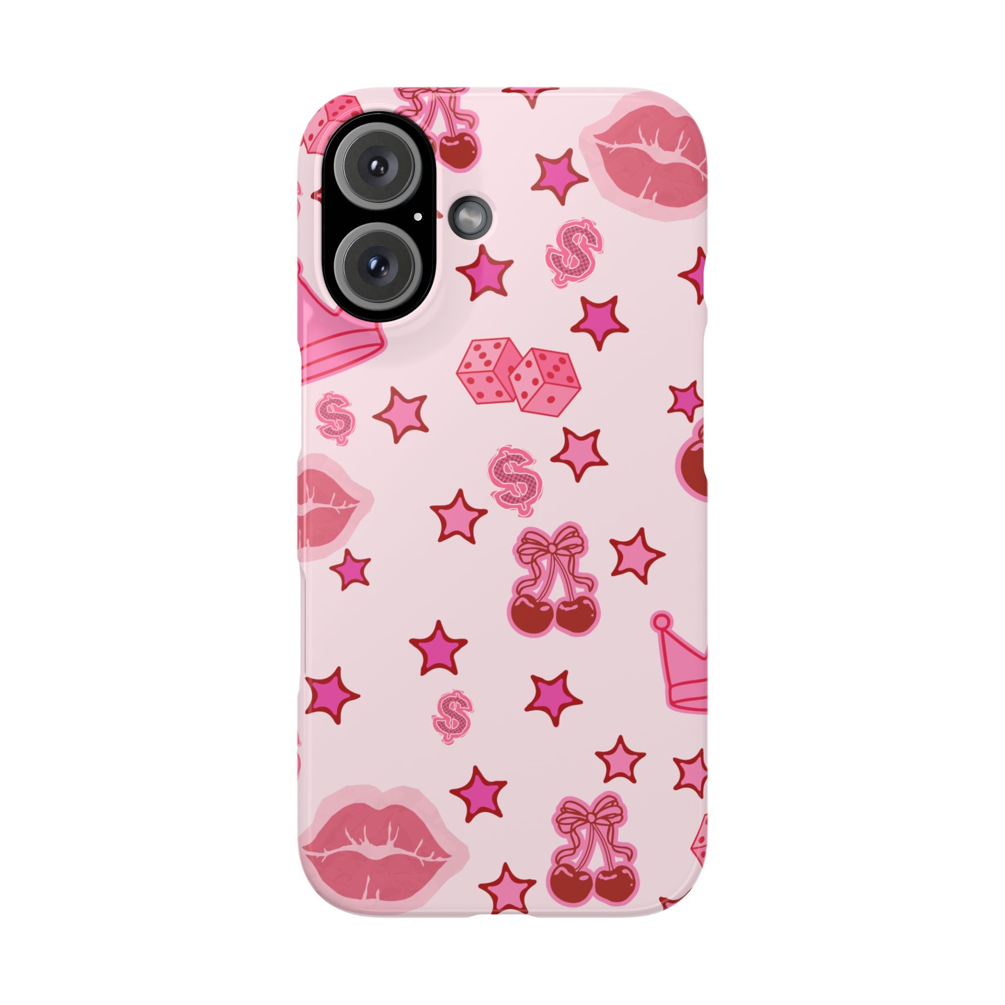 Pink Kawaii Icons Phone Case — Lip, Crown & Cherry Pattern Snap Case