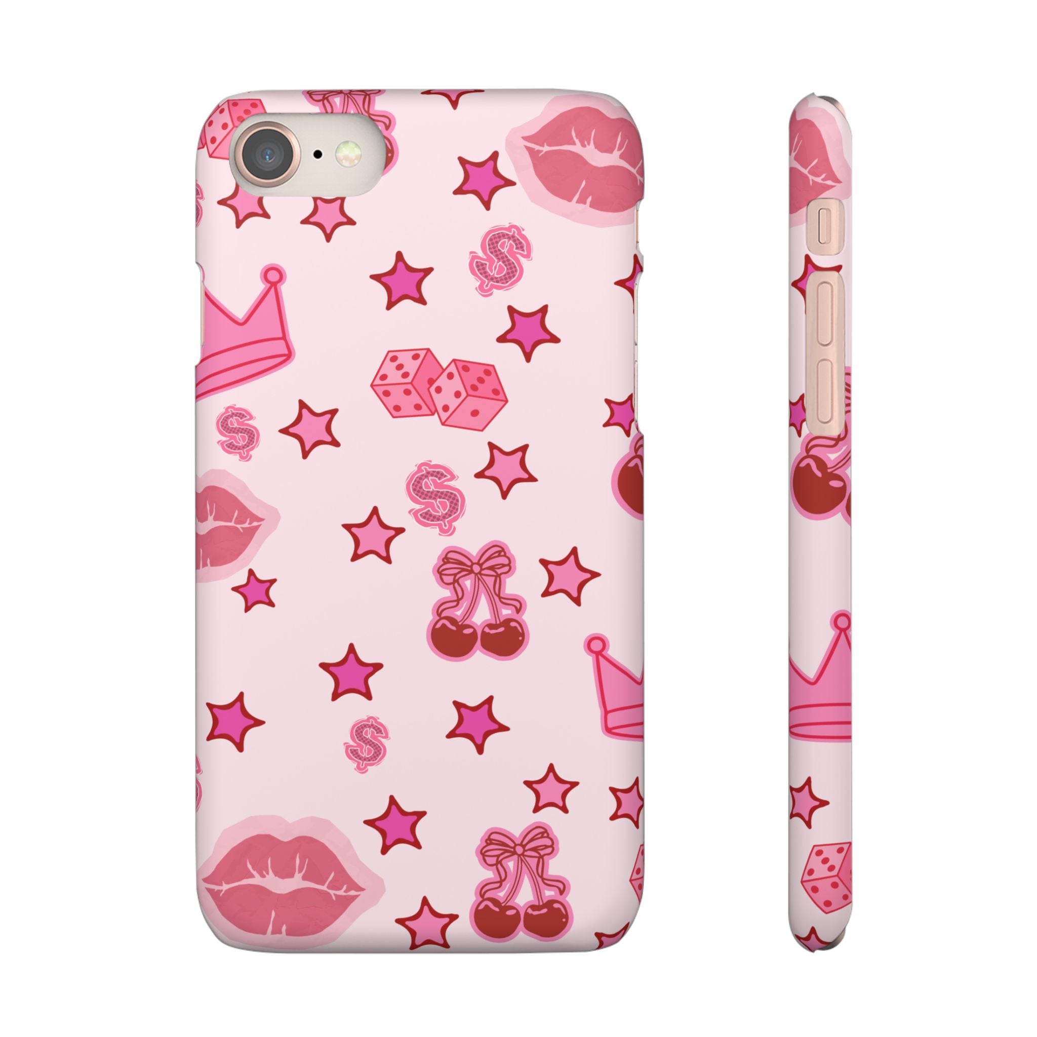 Pink Kawaii Icons Phone Case — Lip, Crown & Cherry Pattern Snap Case