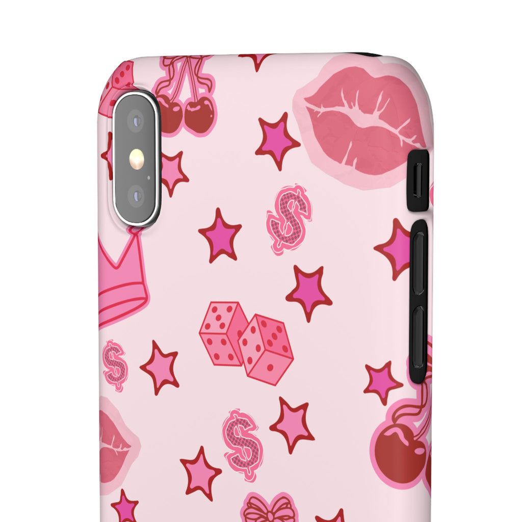 Pink Kawaii Icons Phone Case — Lip, Crown & Cherry Pattern Snap Case