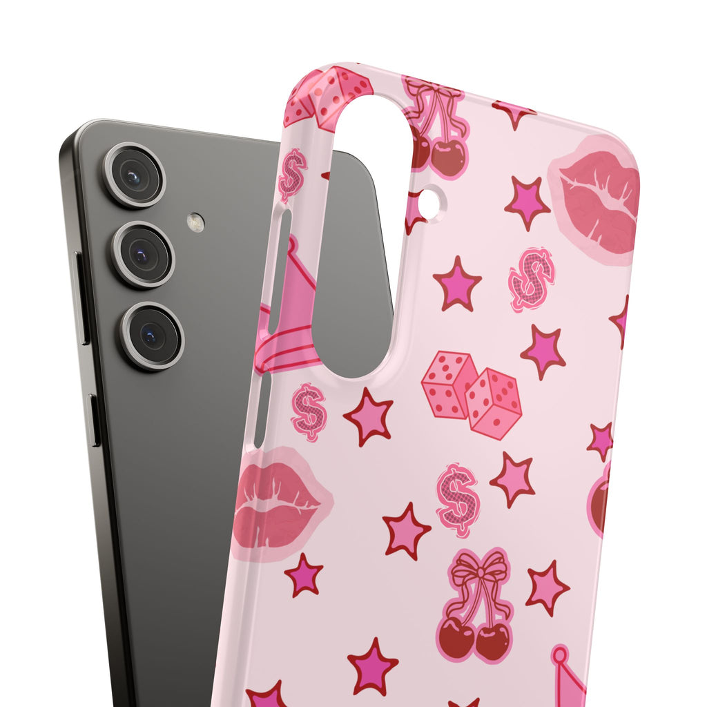 Pink Kawaii Icons Phone Case — Lip, Crown & Cherry Pattern Snap Case