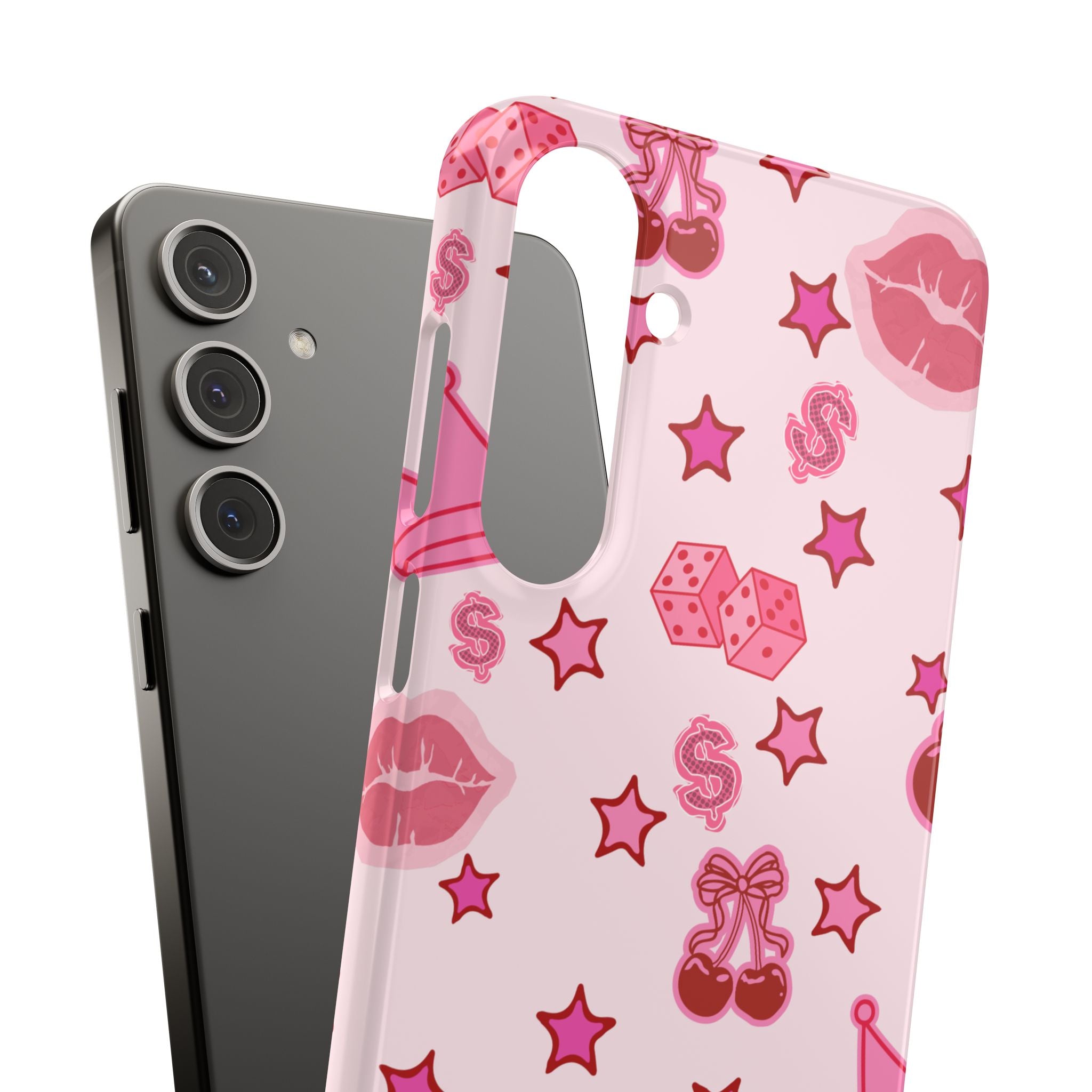 Pink Kawaii Icons Phone Case — Lip, Crown & Cherry Pattern Snap Case
