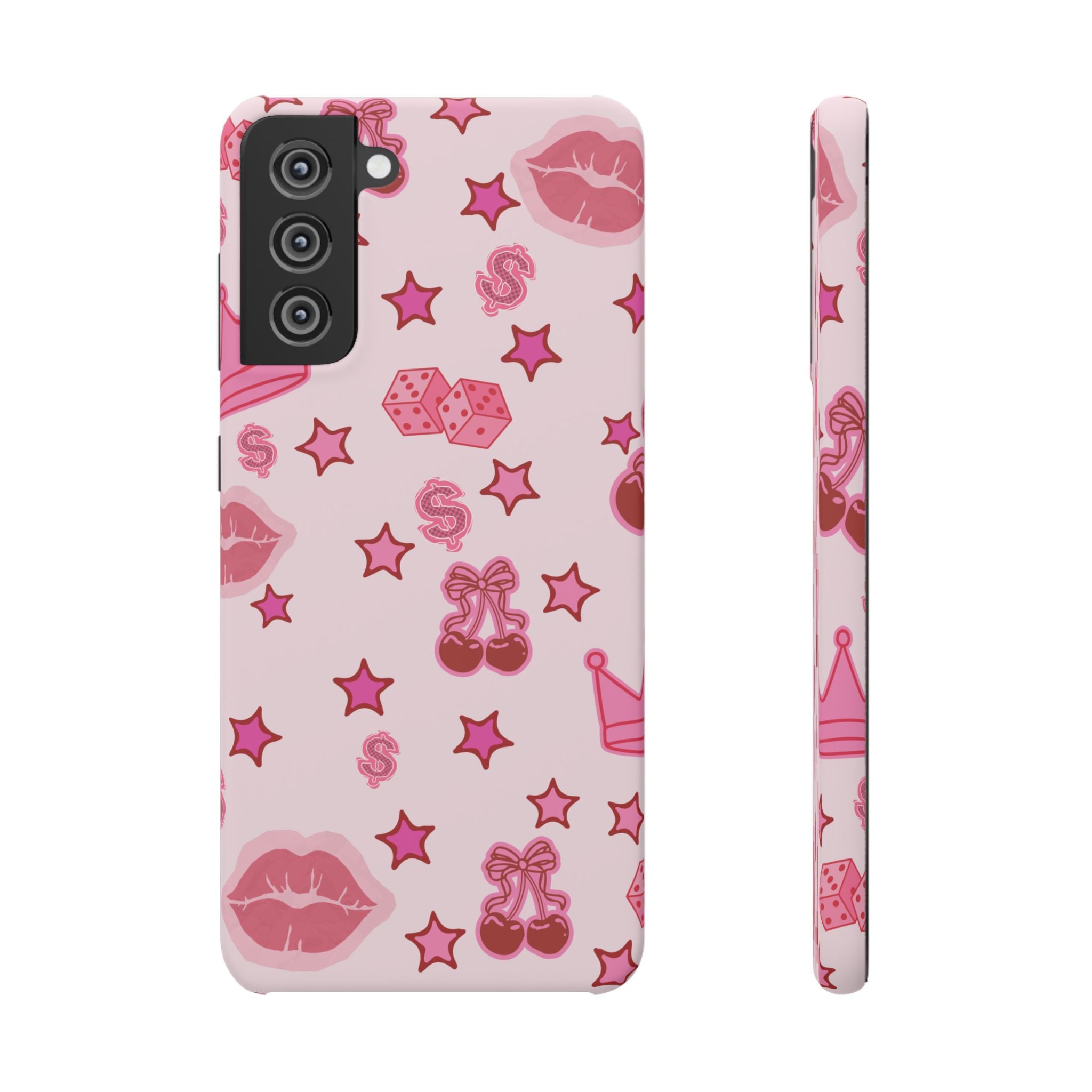 Pink Kawaii Icons Phone Case — Lip, Crown & Cherry Pattern Snap Case