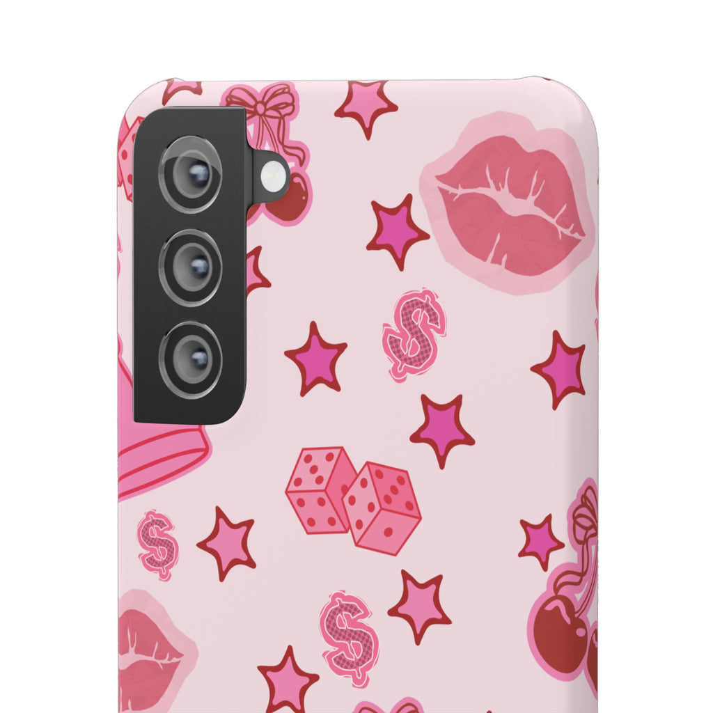Pink Kawaii Icons Phone Case — Lip, Crown & Cherry Pattern Snap Case