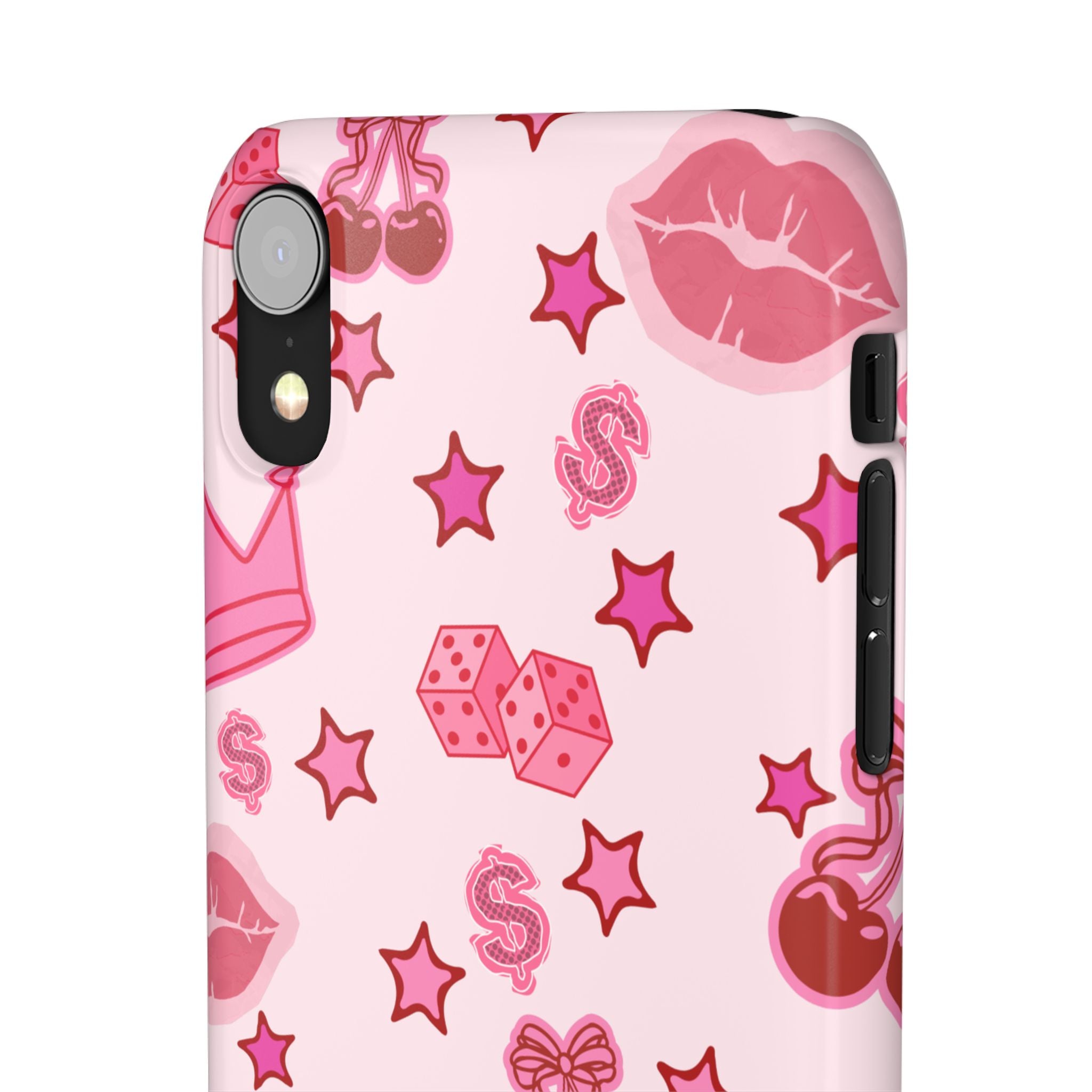 Pink Kawaii Icons Phone Case — Lip, Crown & Cherry Pattern Snap Case